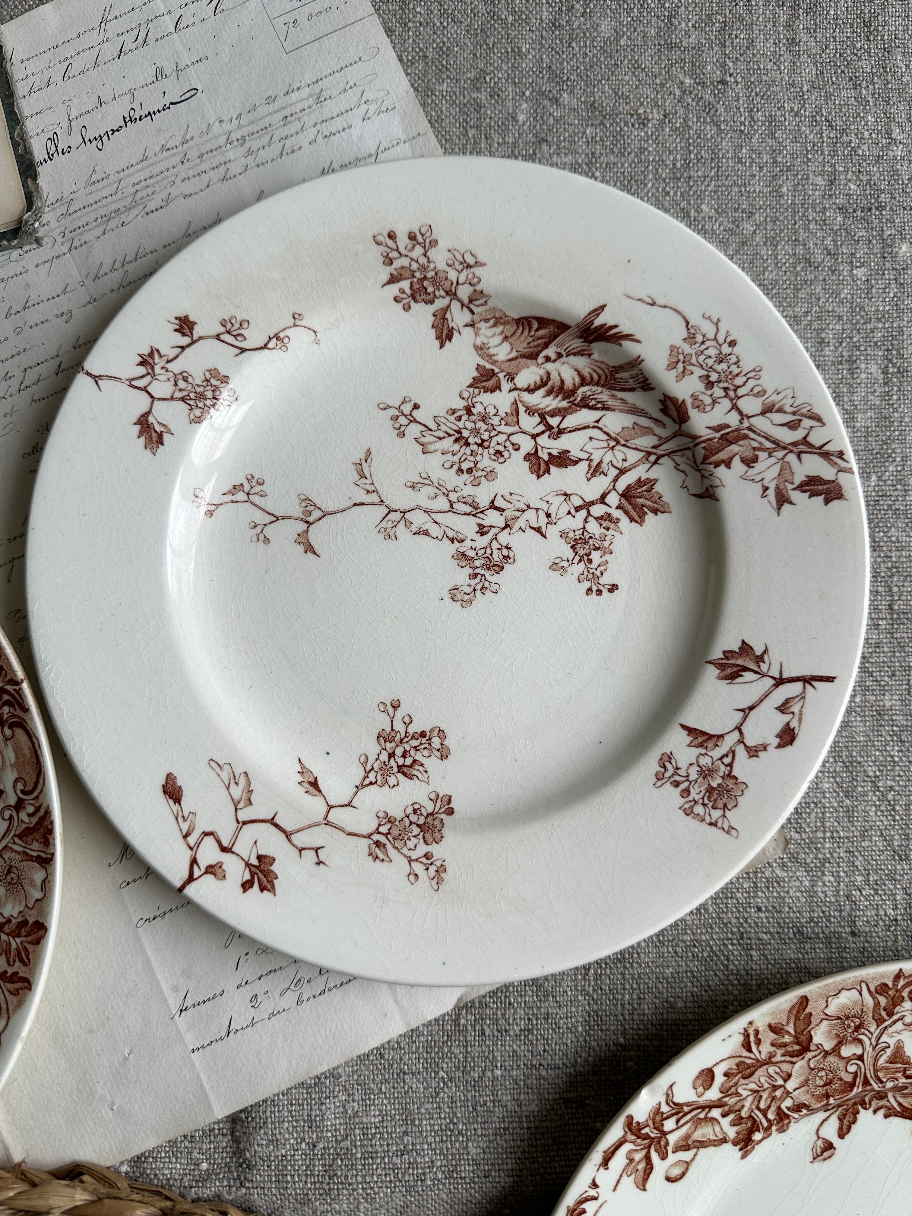 Suite de 6 assiettes à dessert dépareillées, Lunéville Fauvette, Badonviller Marine