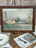Sublime aquarelle ancienne encadrée avec l'église du village, signée