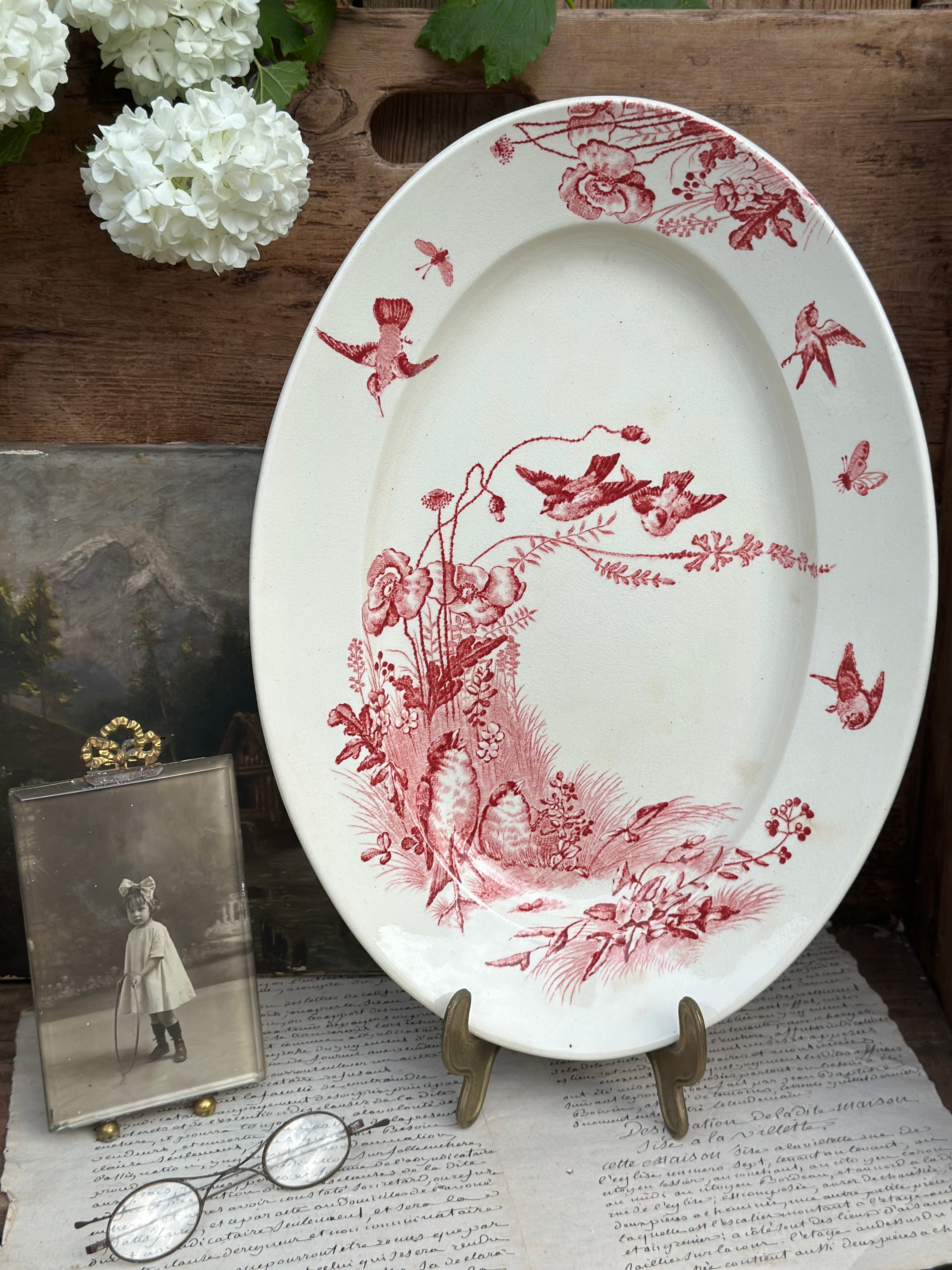 Plat ovale terre de fer Jules Vieillard Bordeaux modèle Oiseaux -1875
