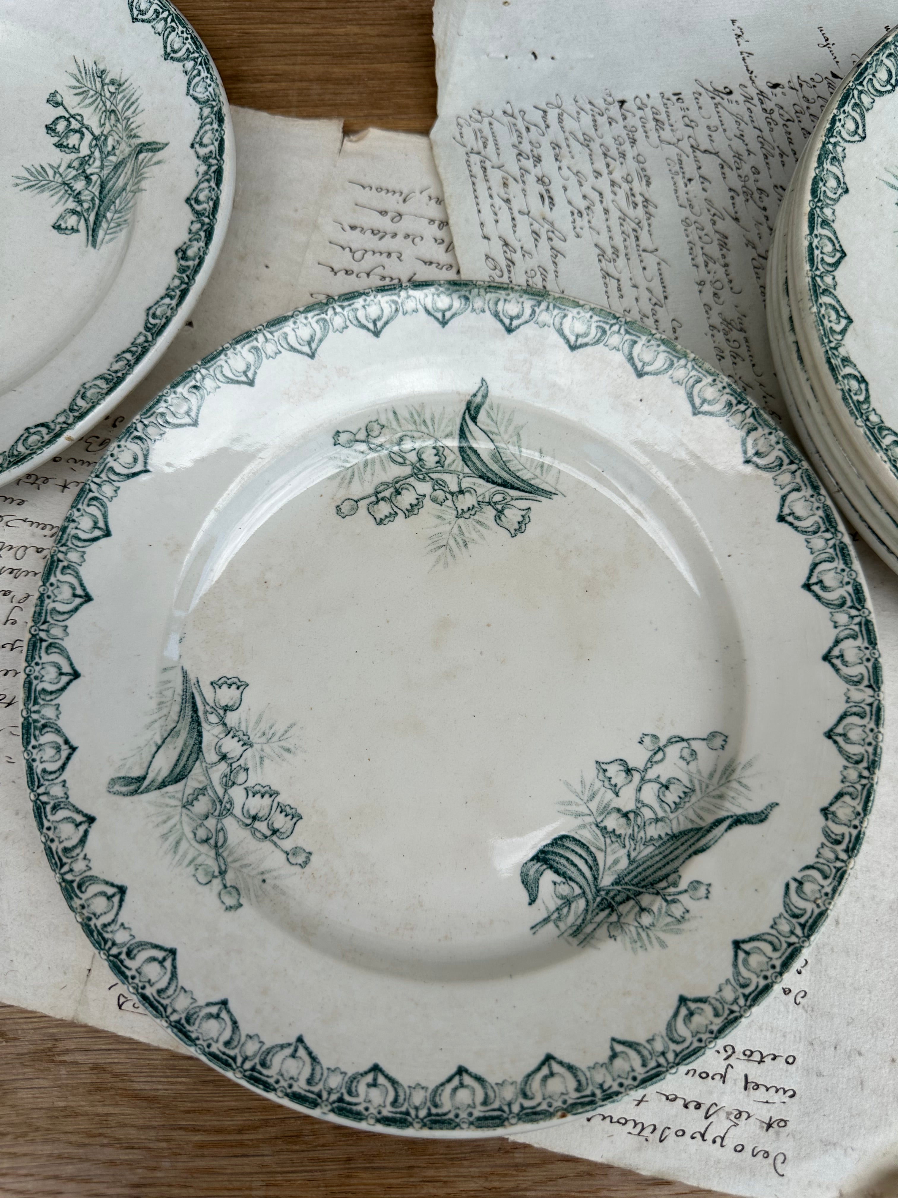 Set of 7 dessert plates, ironstone, St. Amand, Muguet pattern