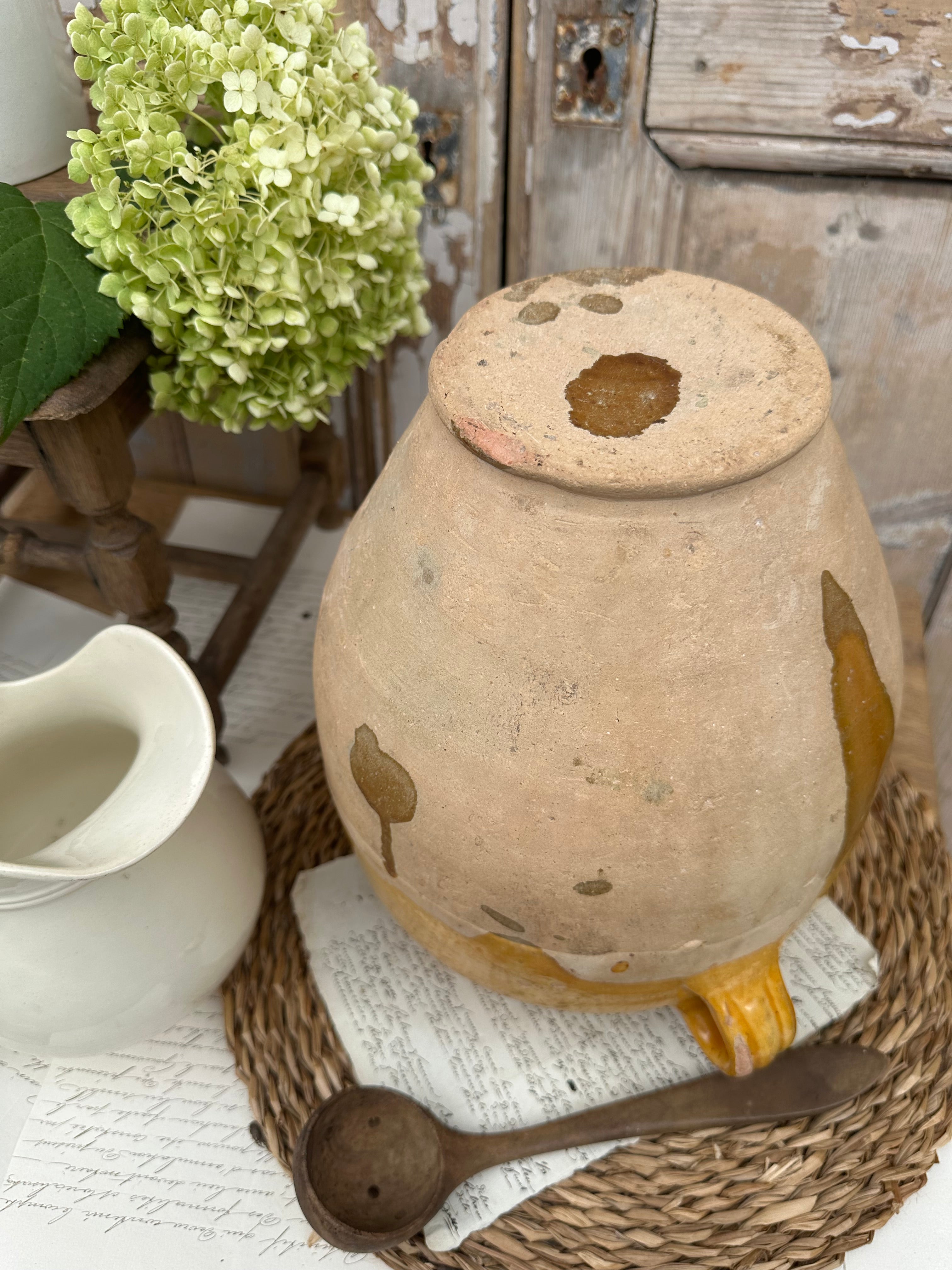 Grand pot à graisse jaune terre cuite vernissée - XIXème - 28,50cm