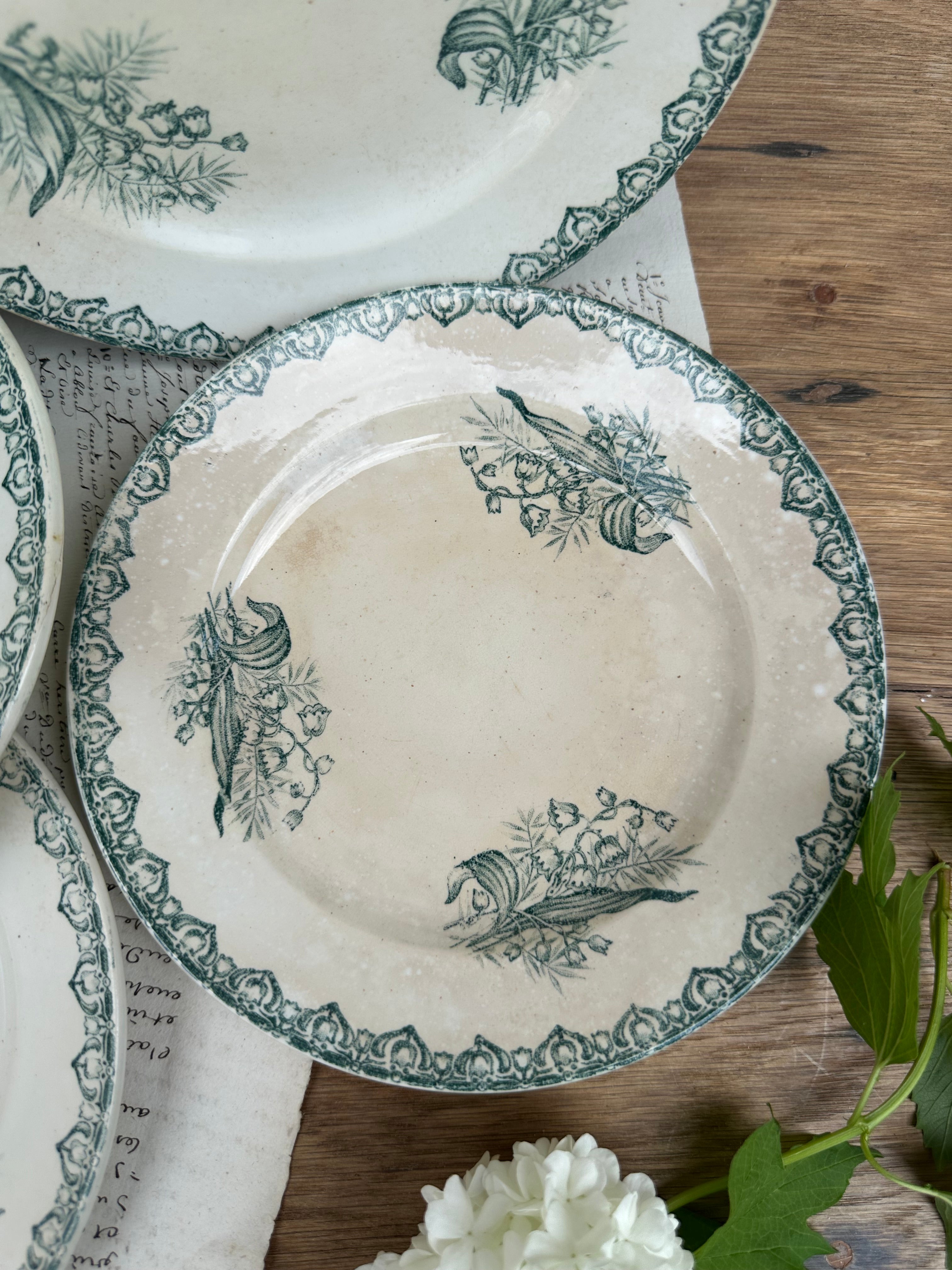 Set of 7 dessert plates, ironstone, St. Amand, Muguet pattern