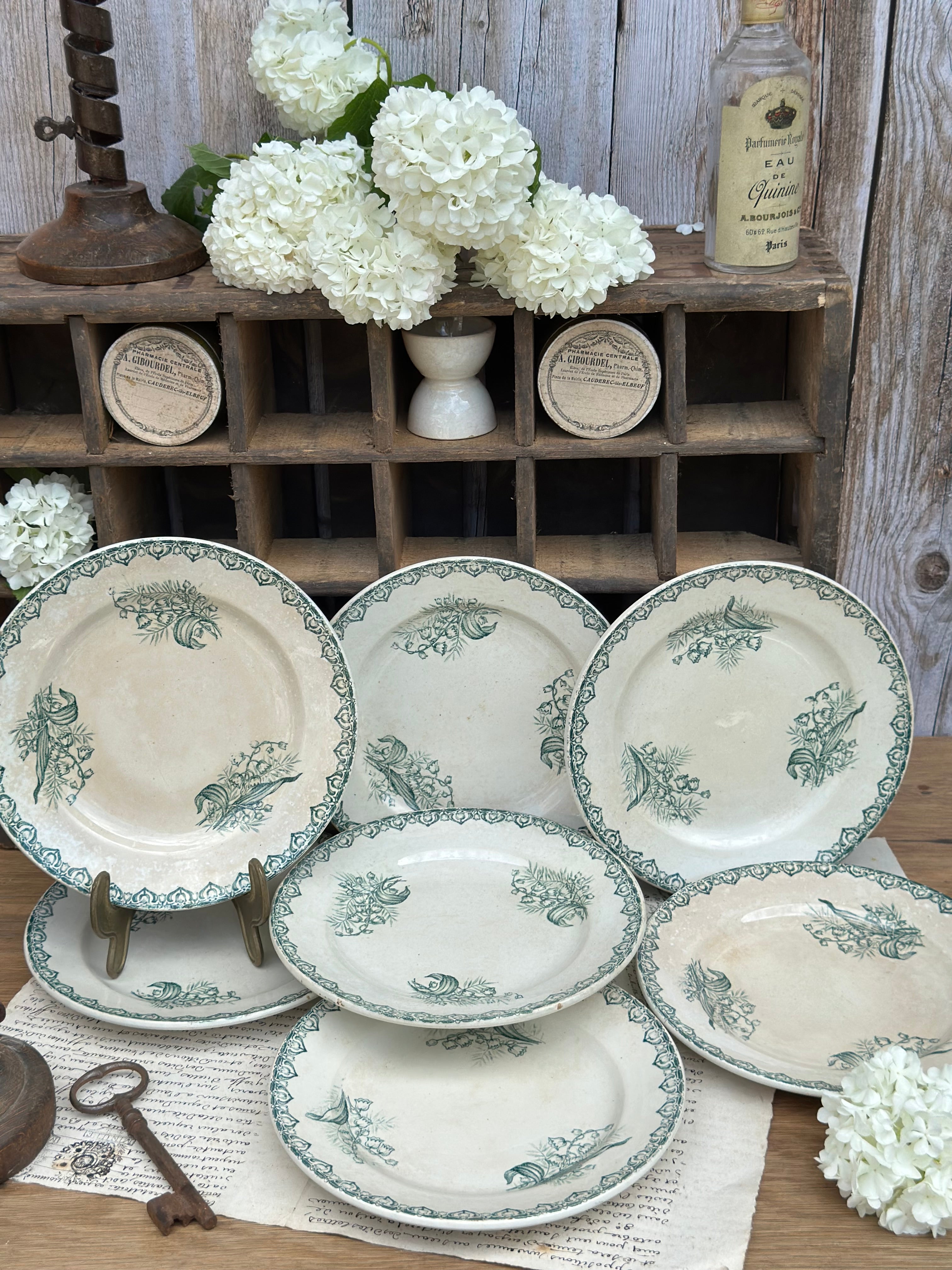 Suite de 7 assiettes à dessert terre de fer St. Amand modèle Muguet