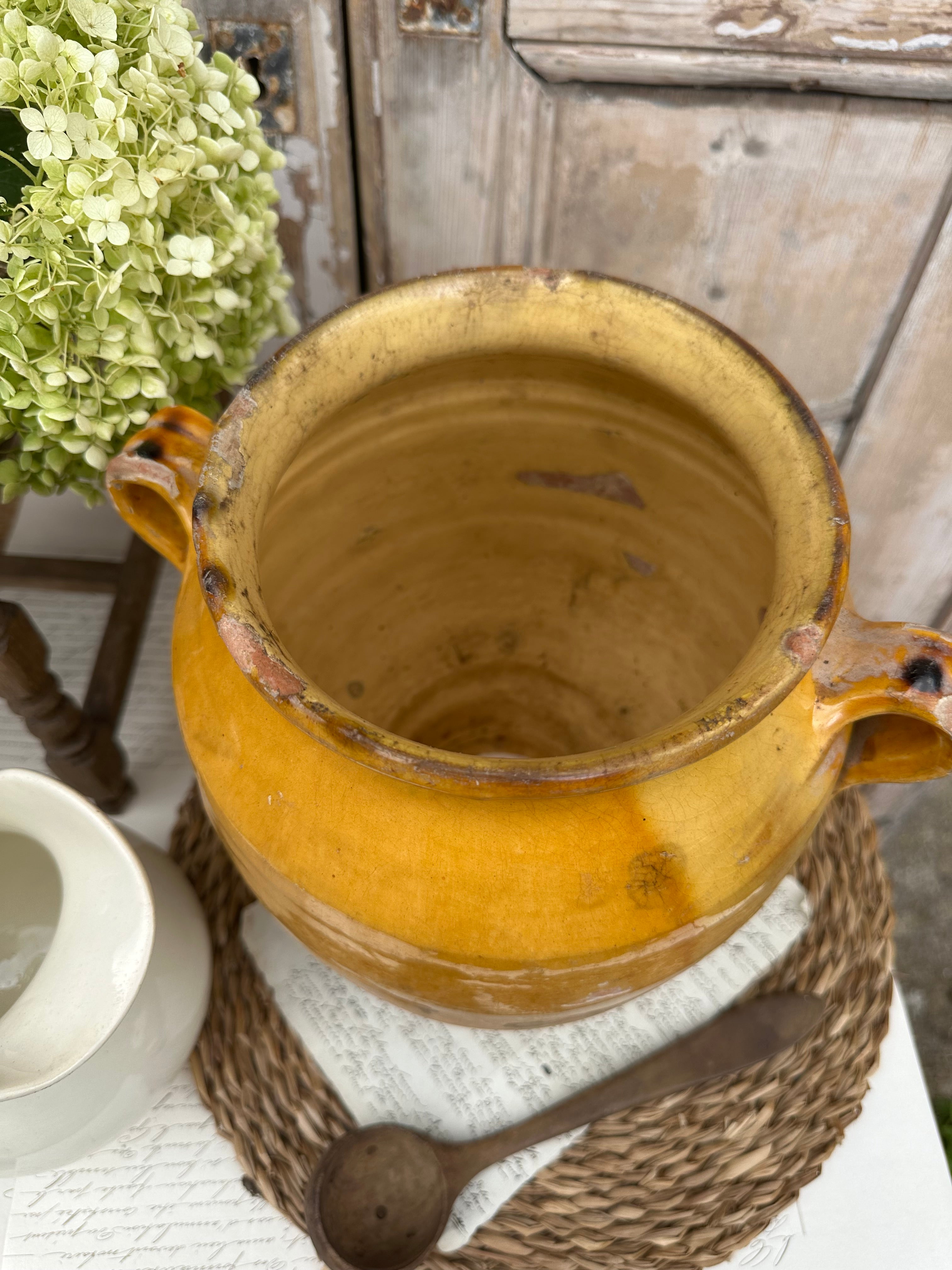 Grand pot à graisse jaune terre cuite vernissée - XIXème - 28,50cm