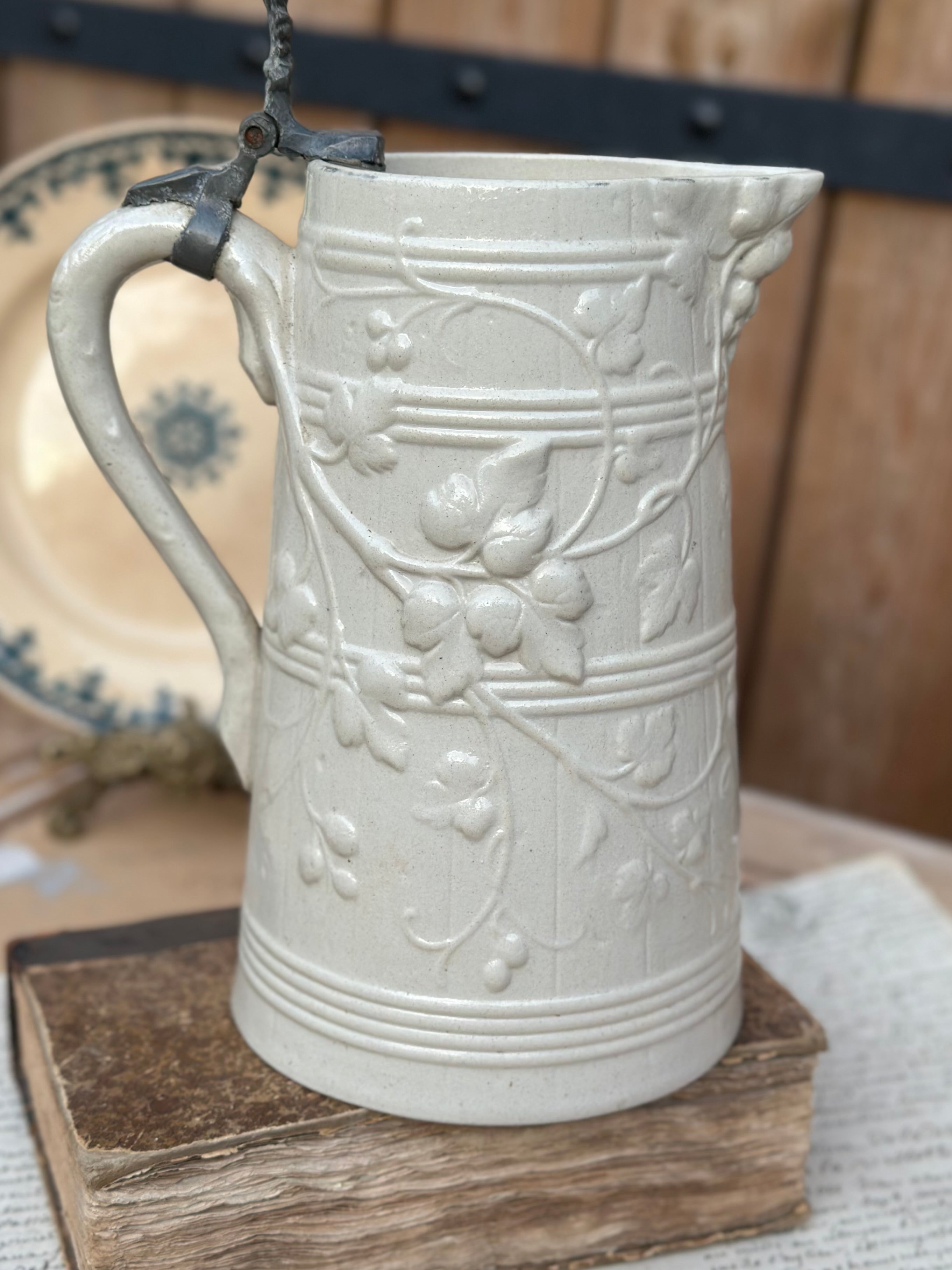 Sublime large glazed stoneware pitcher with relief - 19th century