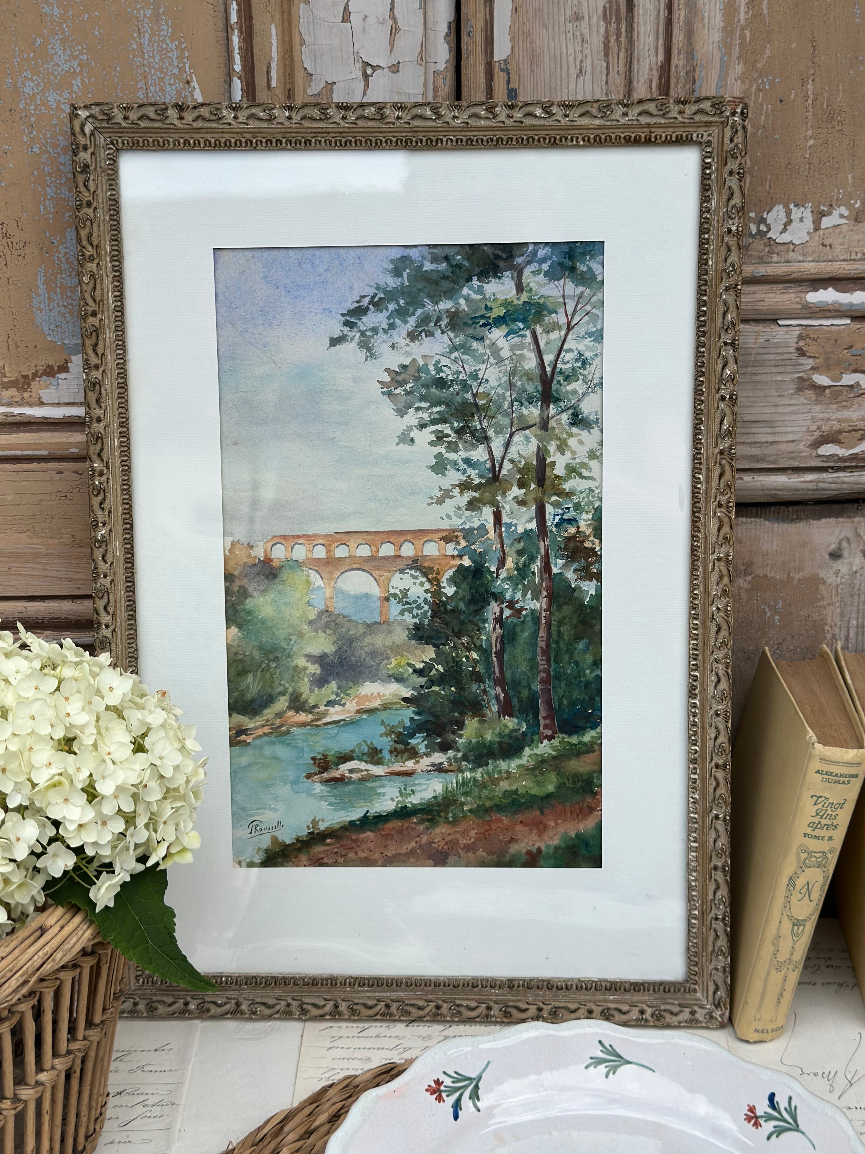 Sublime aquarelle encadrée, paysage avec un viaduc, signée