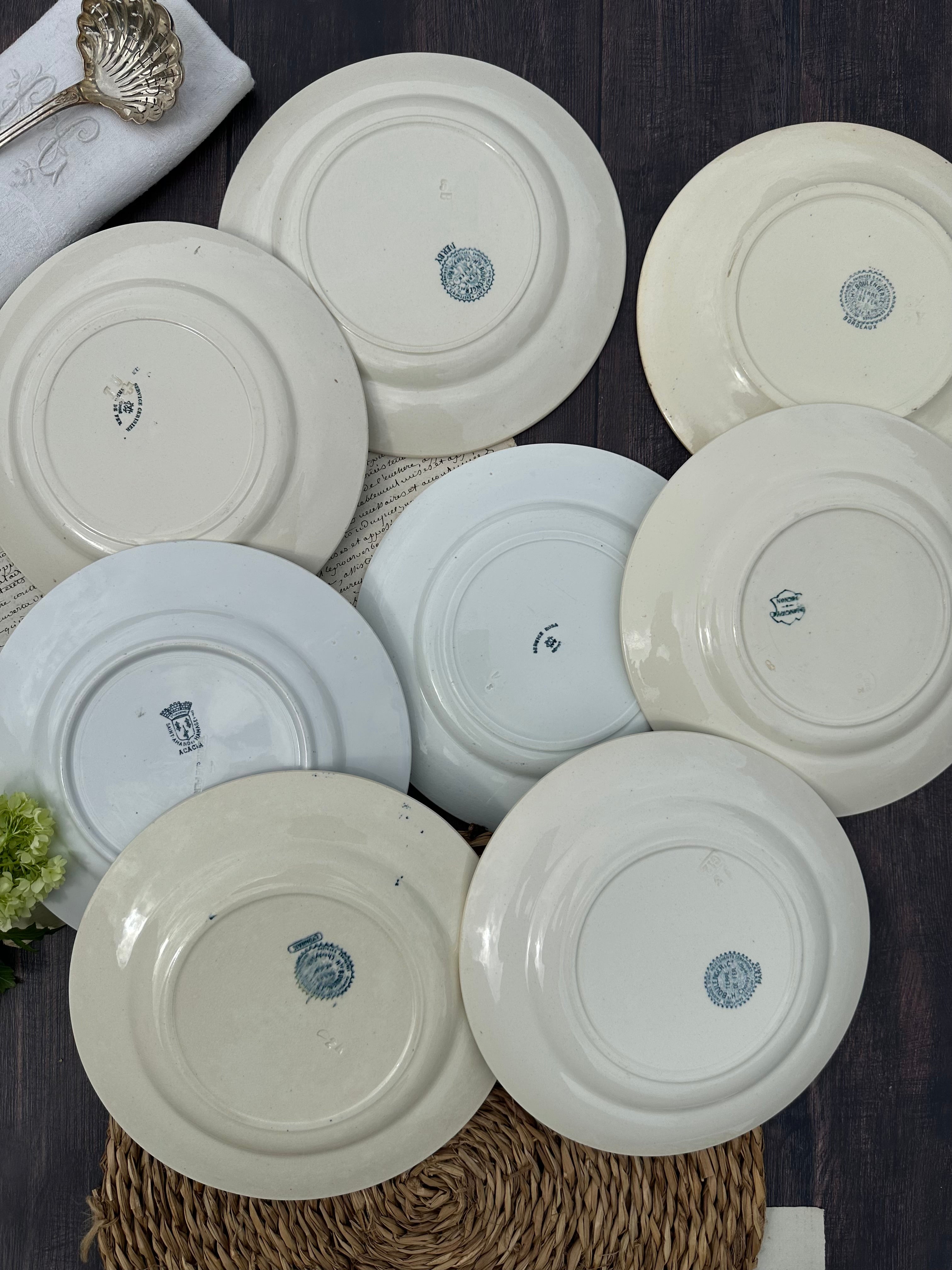 Set of 8 mismatched ironstone dinner plates