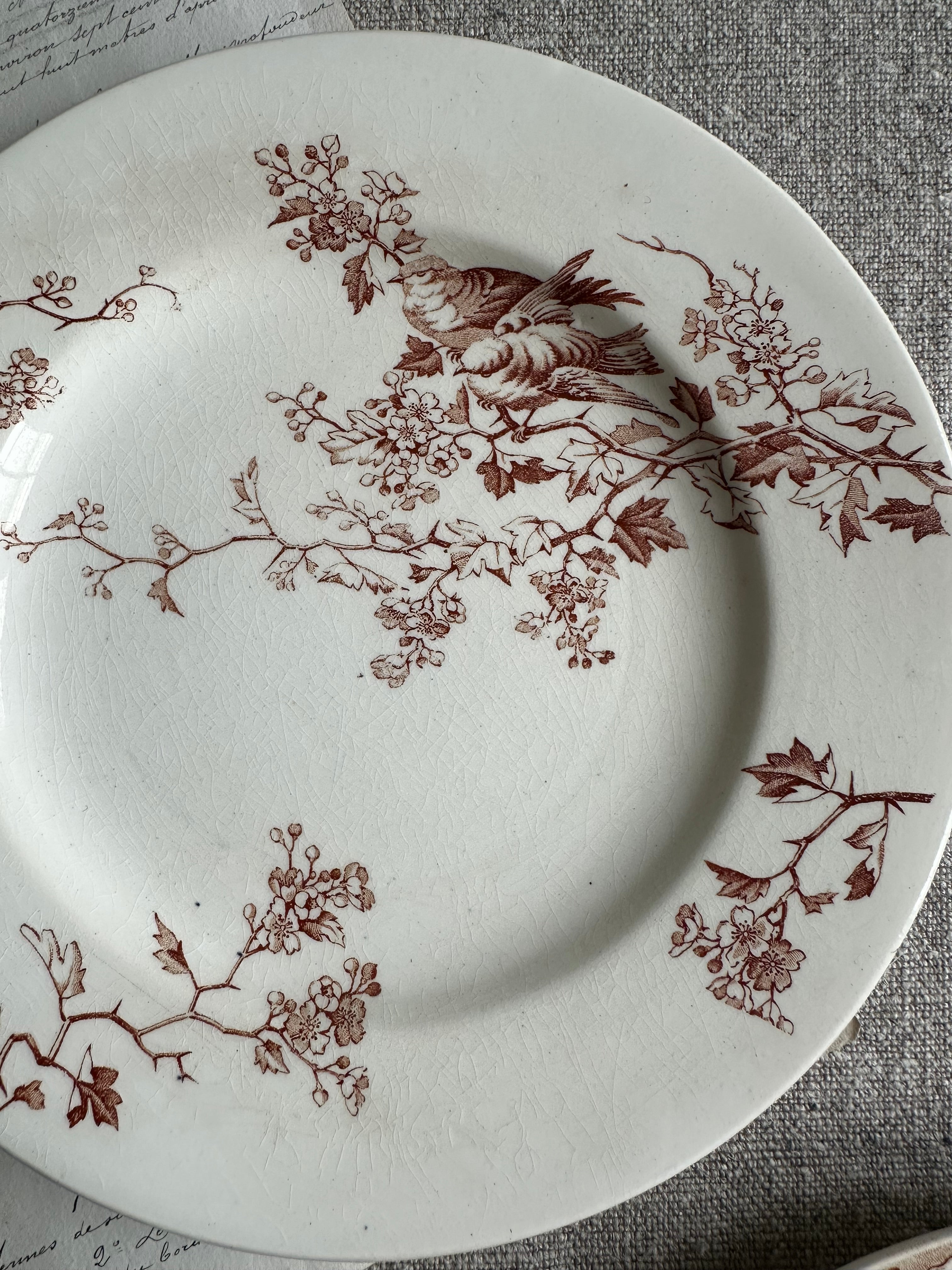 Suite de 6 assiettes à dessert dépareillées, Lunéville Fauvette, Badonviller Marine