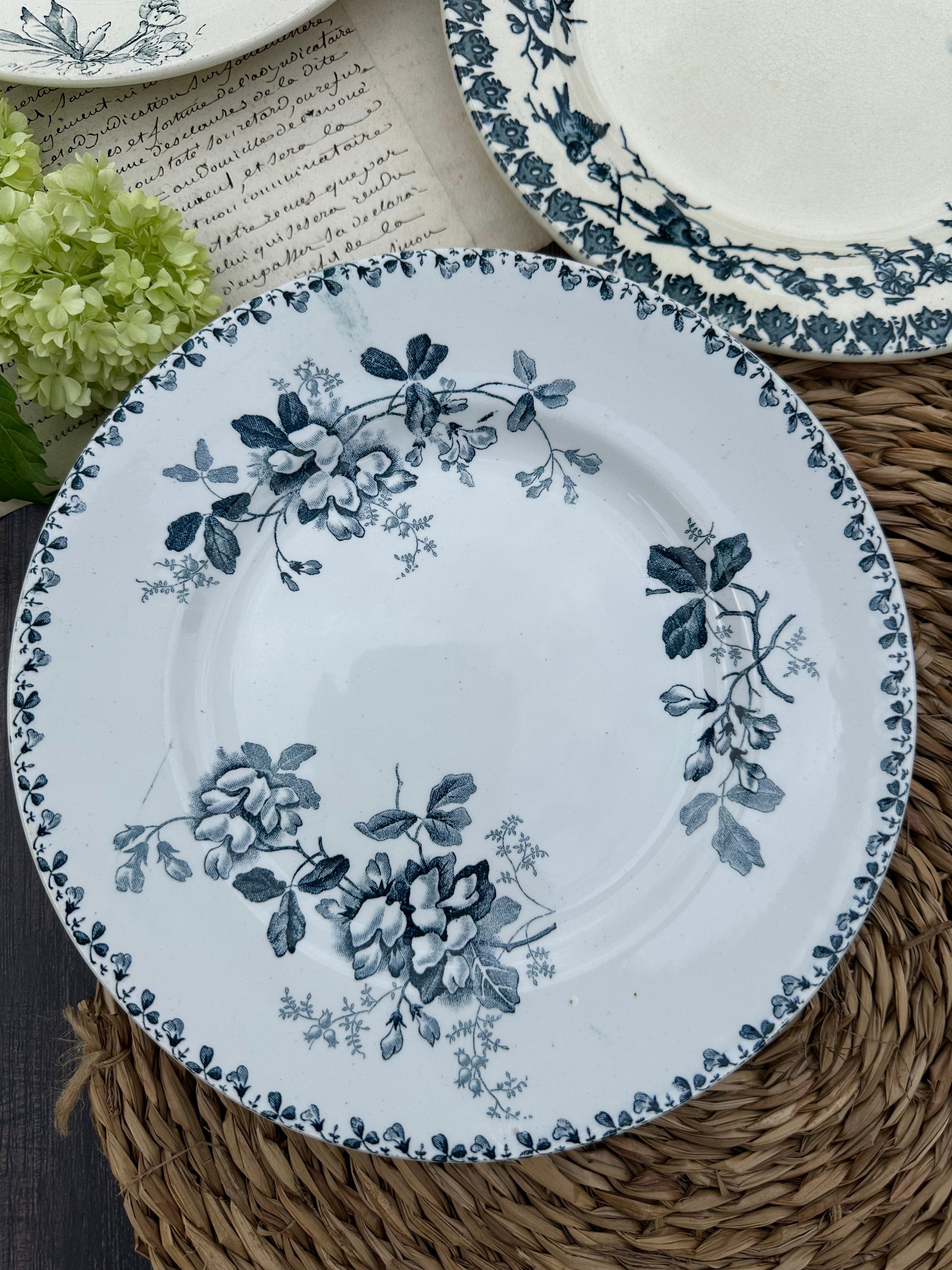 Set of 8 mismatched ironstone dinner plates