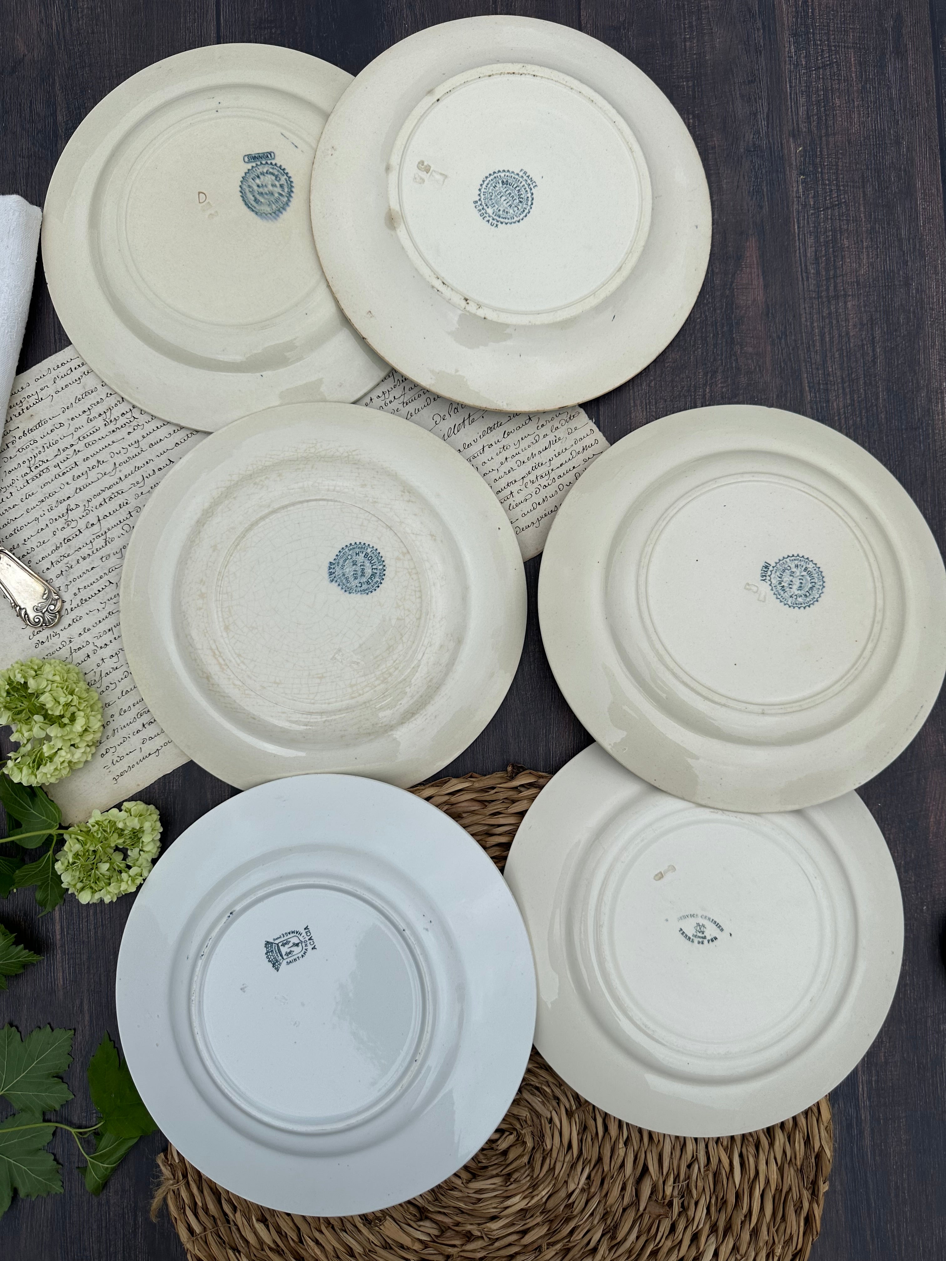III. Suite de 6 assiettes plates terre de fer dépareillées