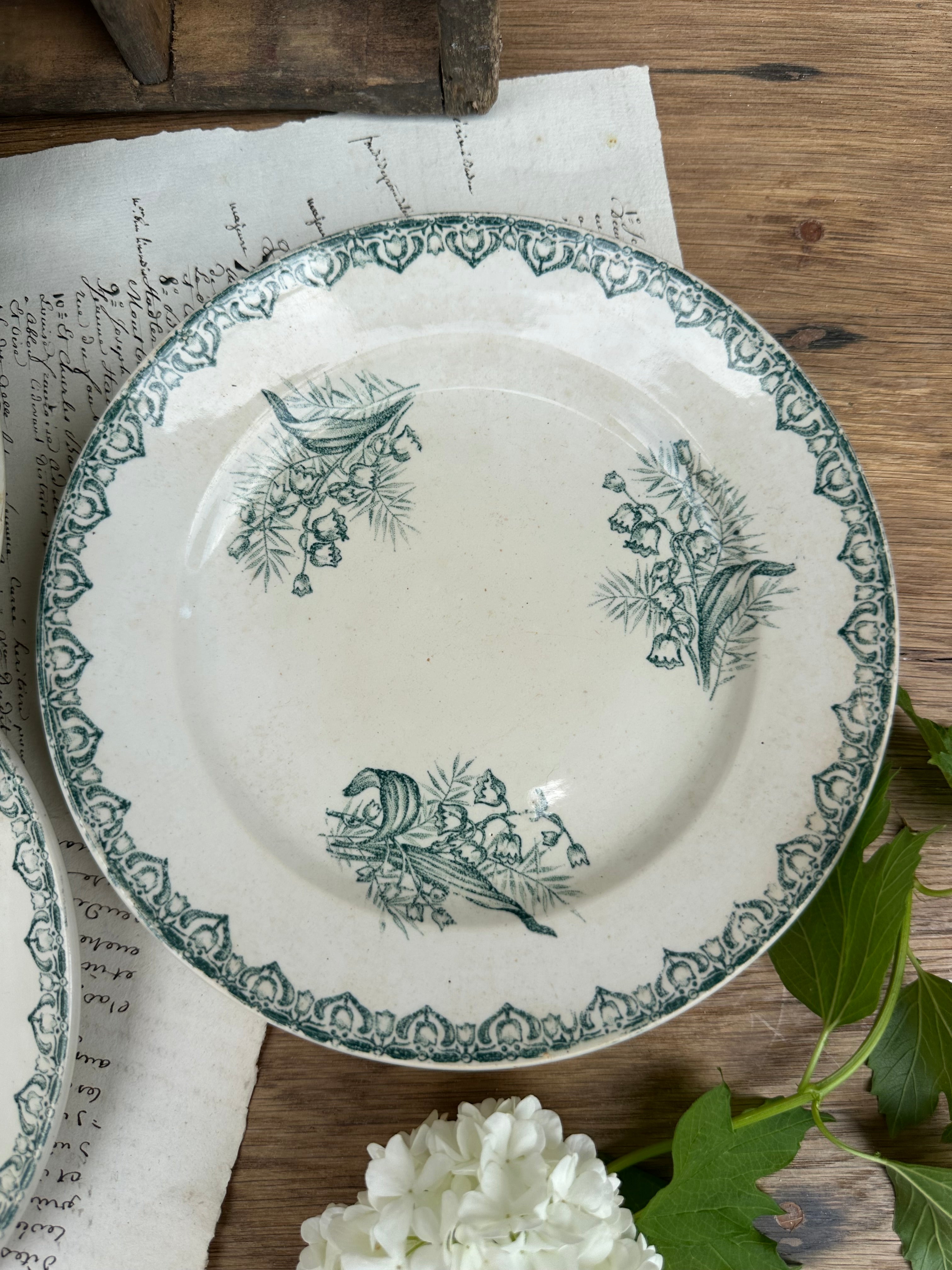 Set of 7 dessert plates, ironstone, St. Amand, Muguet pattern