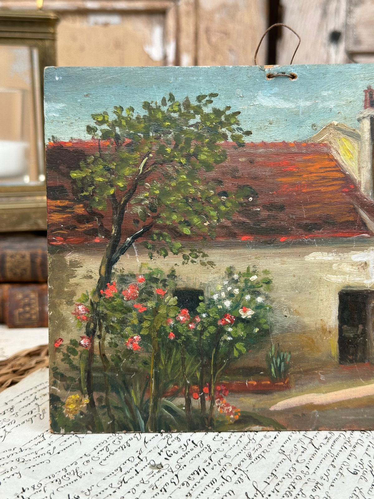 Adorable petite peinture à l'huile sur panneau