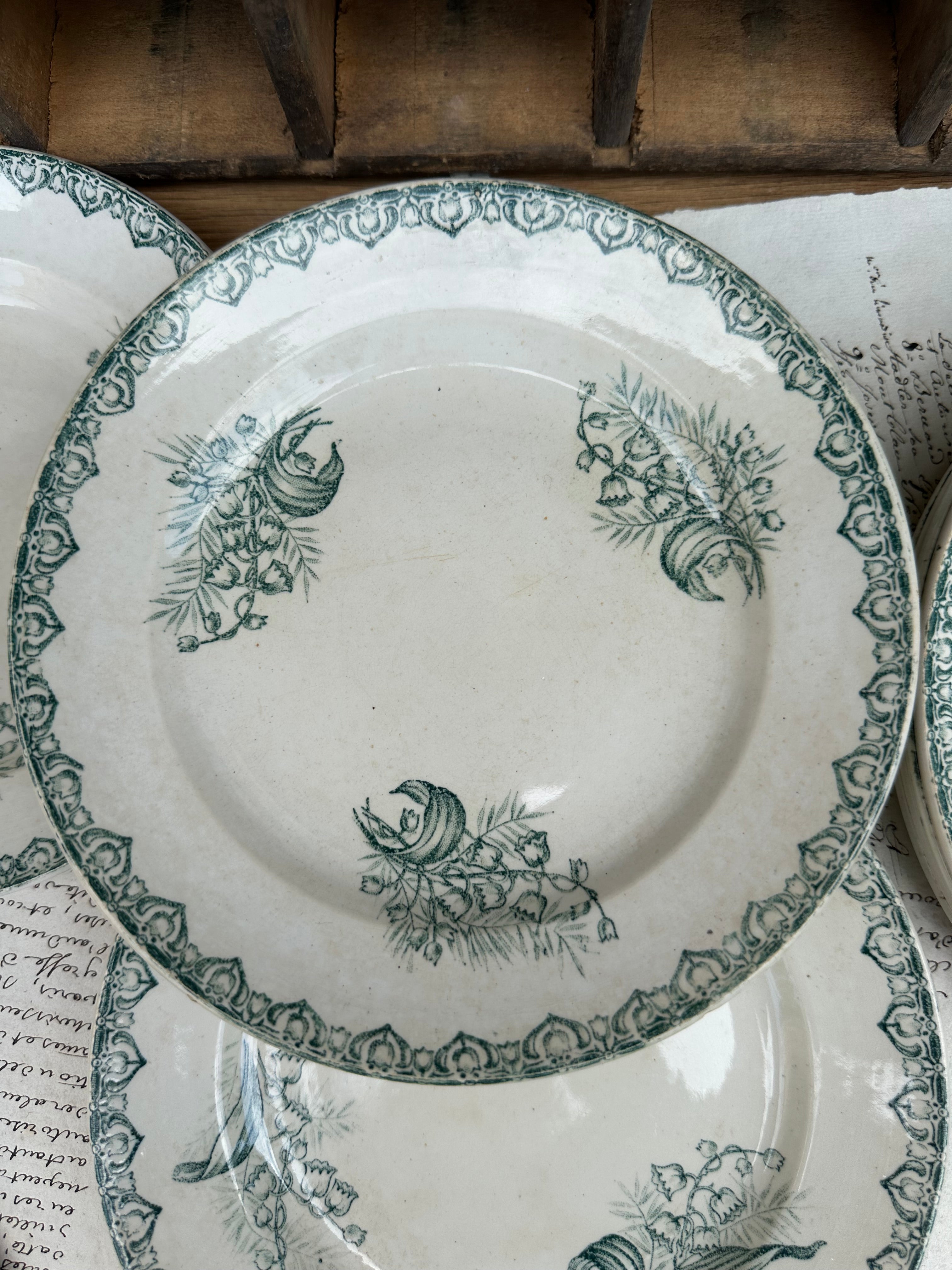 Set of 7 dessert plates, ironstone, St. Amand, Muguet pattern