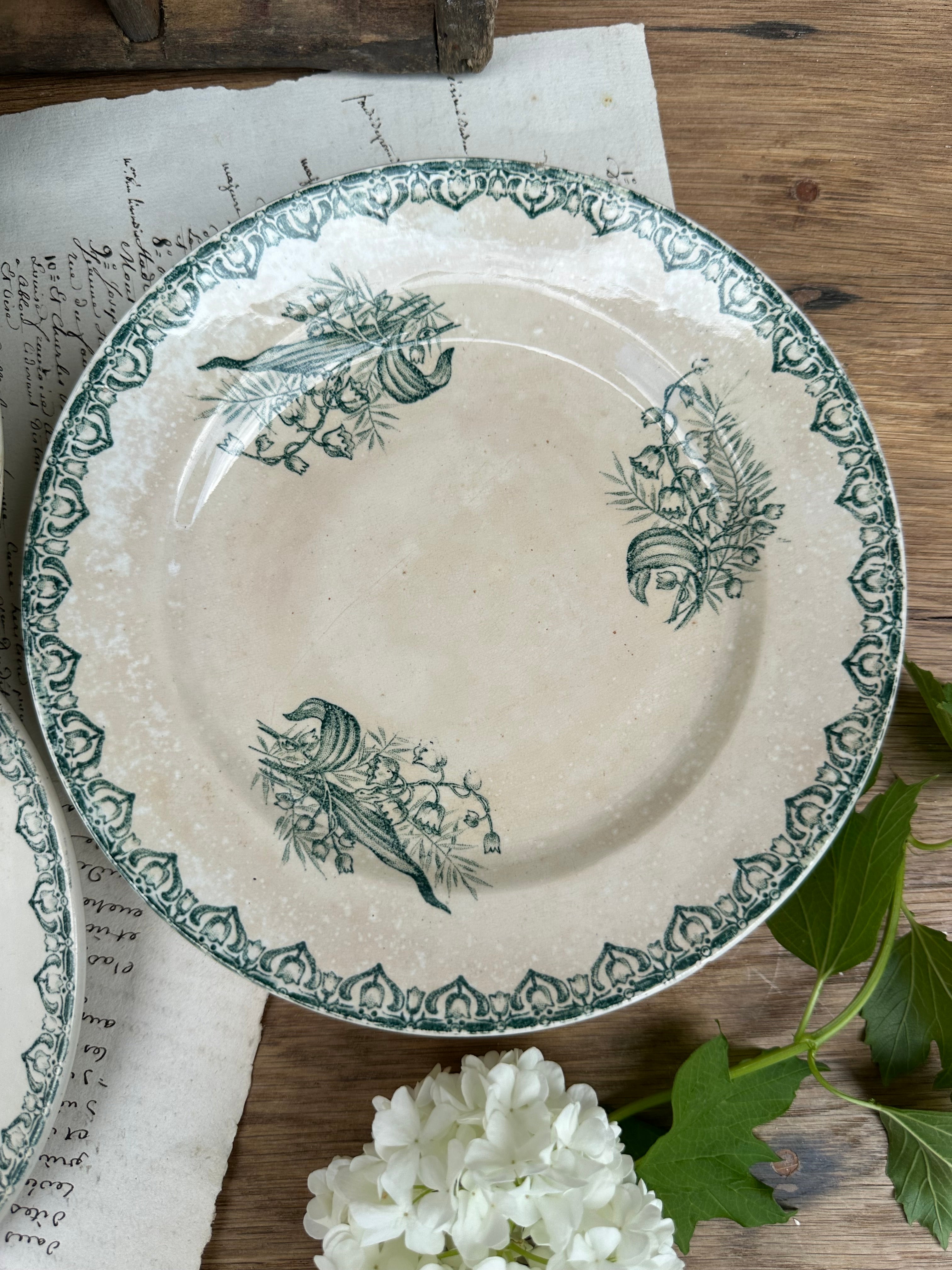 Set of 7 dessert plates, ironstone, St. Amand, Muguet pattern