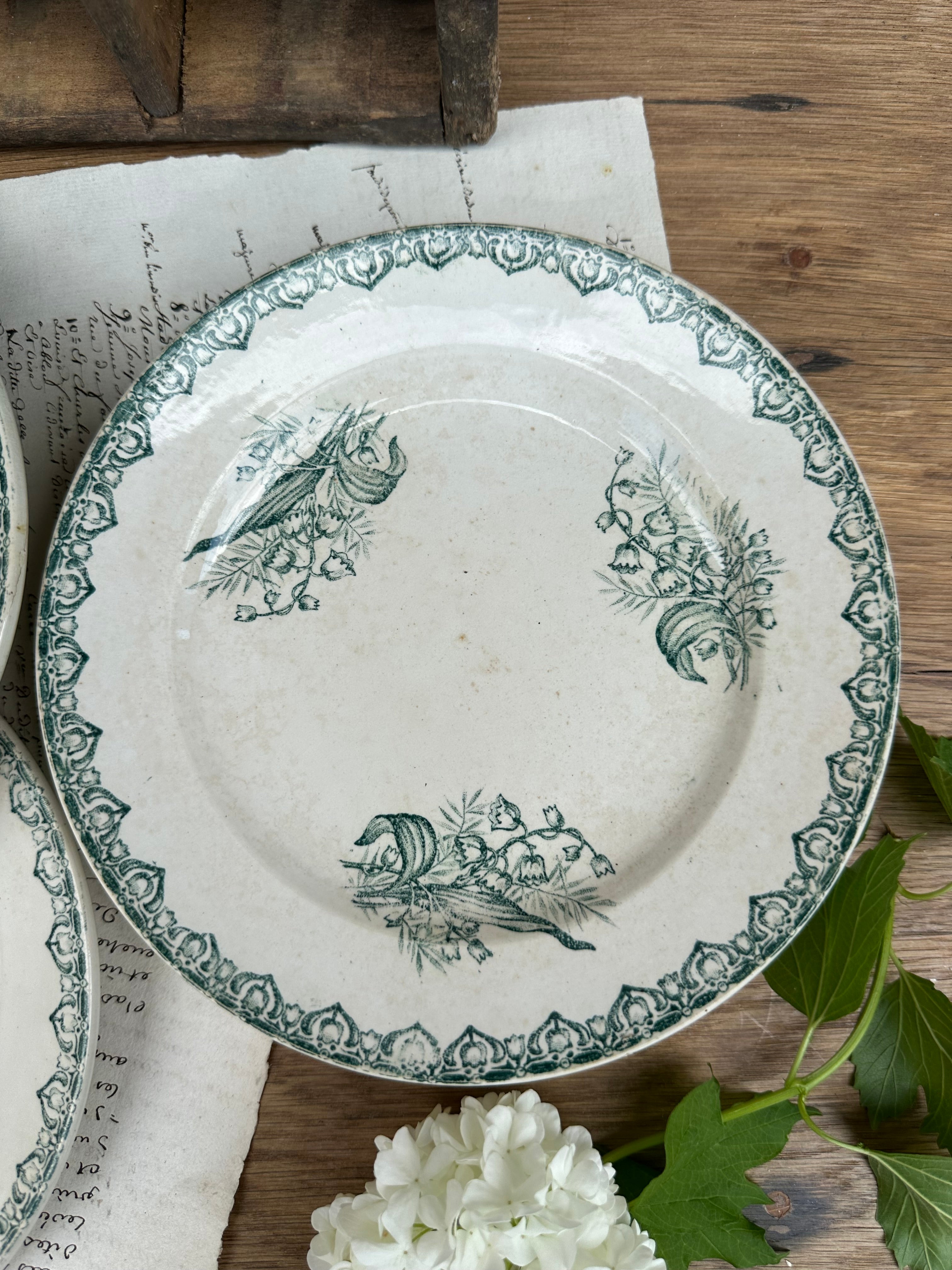 Set of 7 dessert plates, ironstone, St. Amand, Muguet pattern
