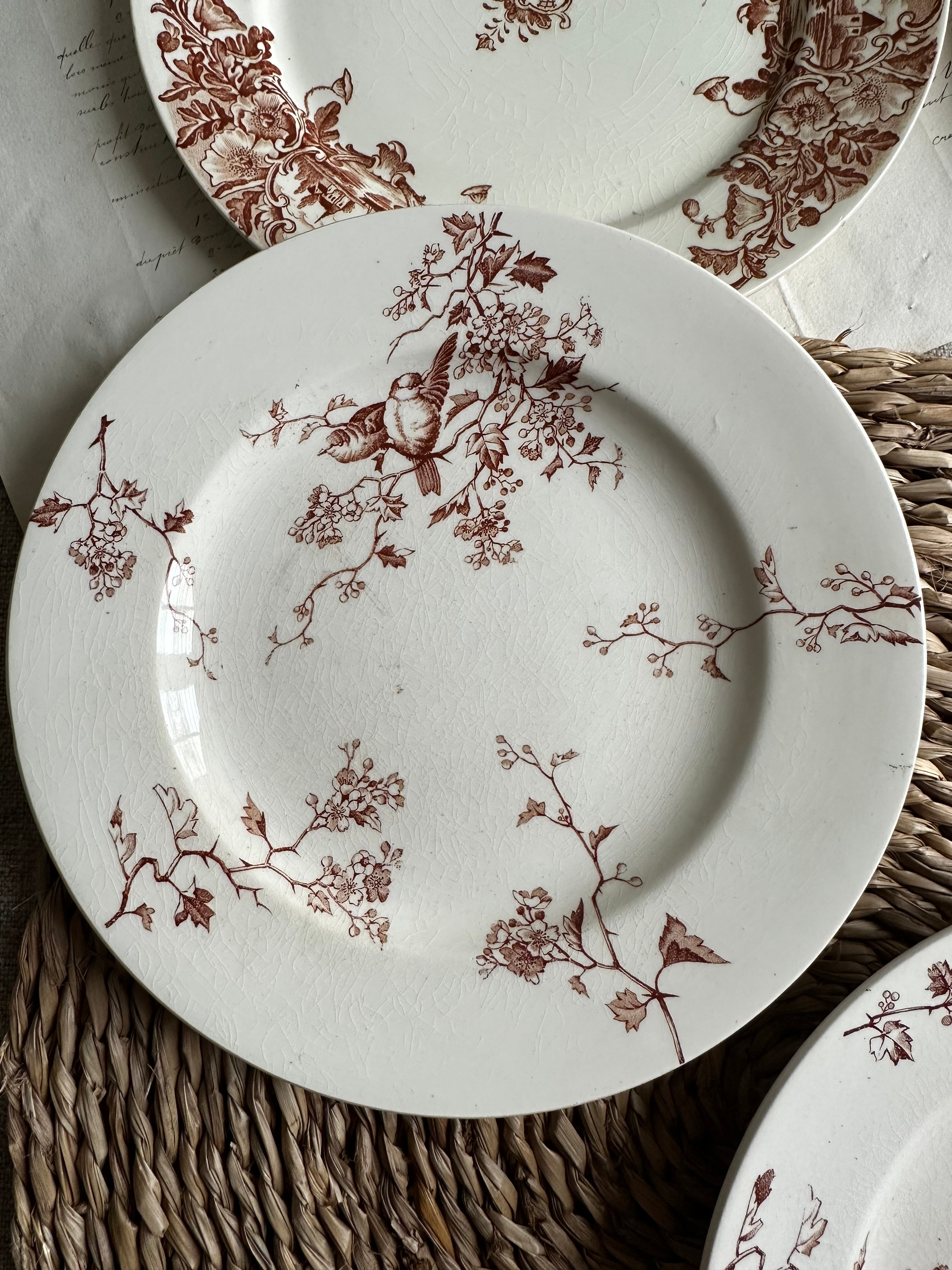 Suite de 6 assiettes à dessert dépareillées, Lunéville Fauvette, Badonviller Marine