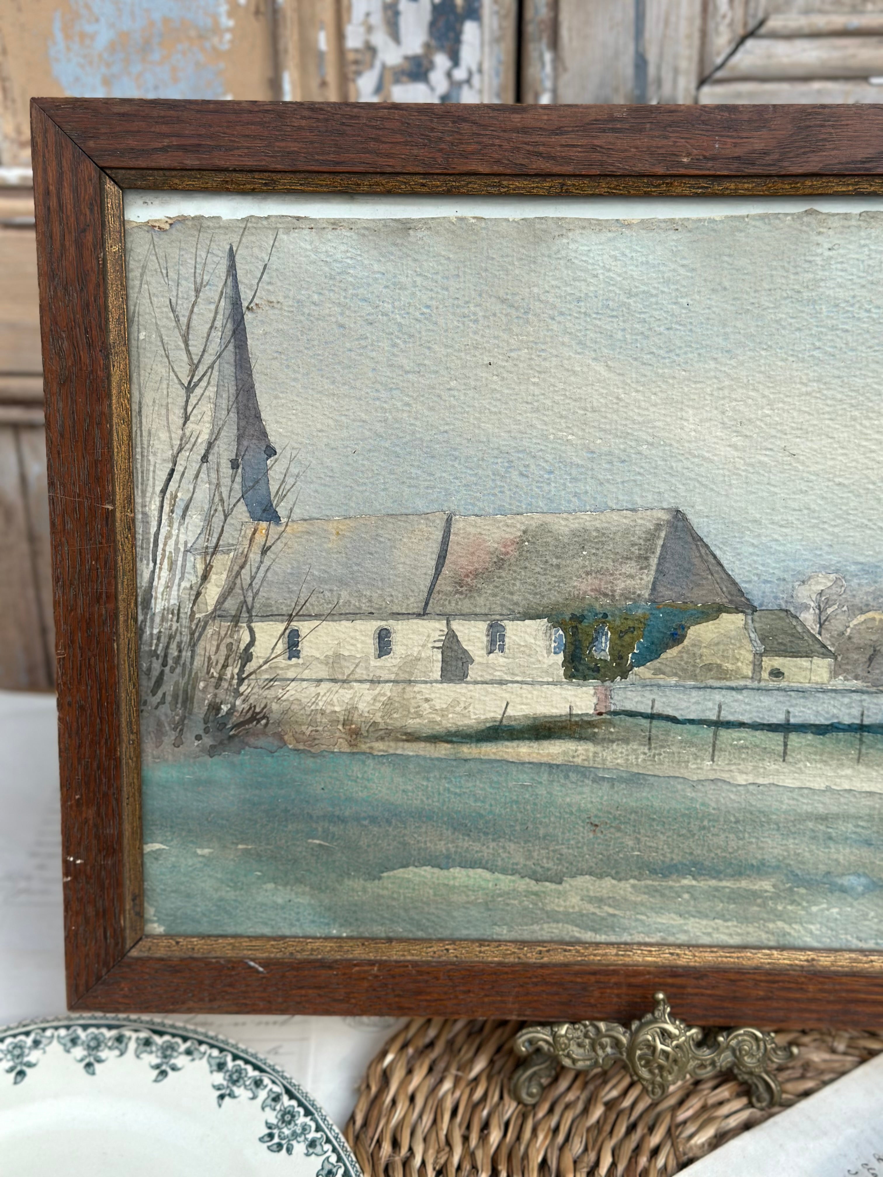Sublime aquarelle ancienne encadrée avec l'église du village, signée