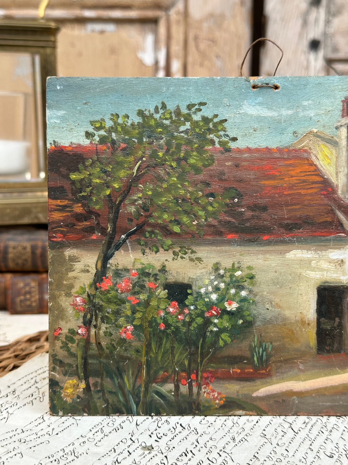 Adorable petite peinture à l'huile sur panneau