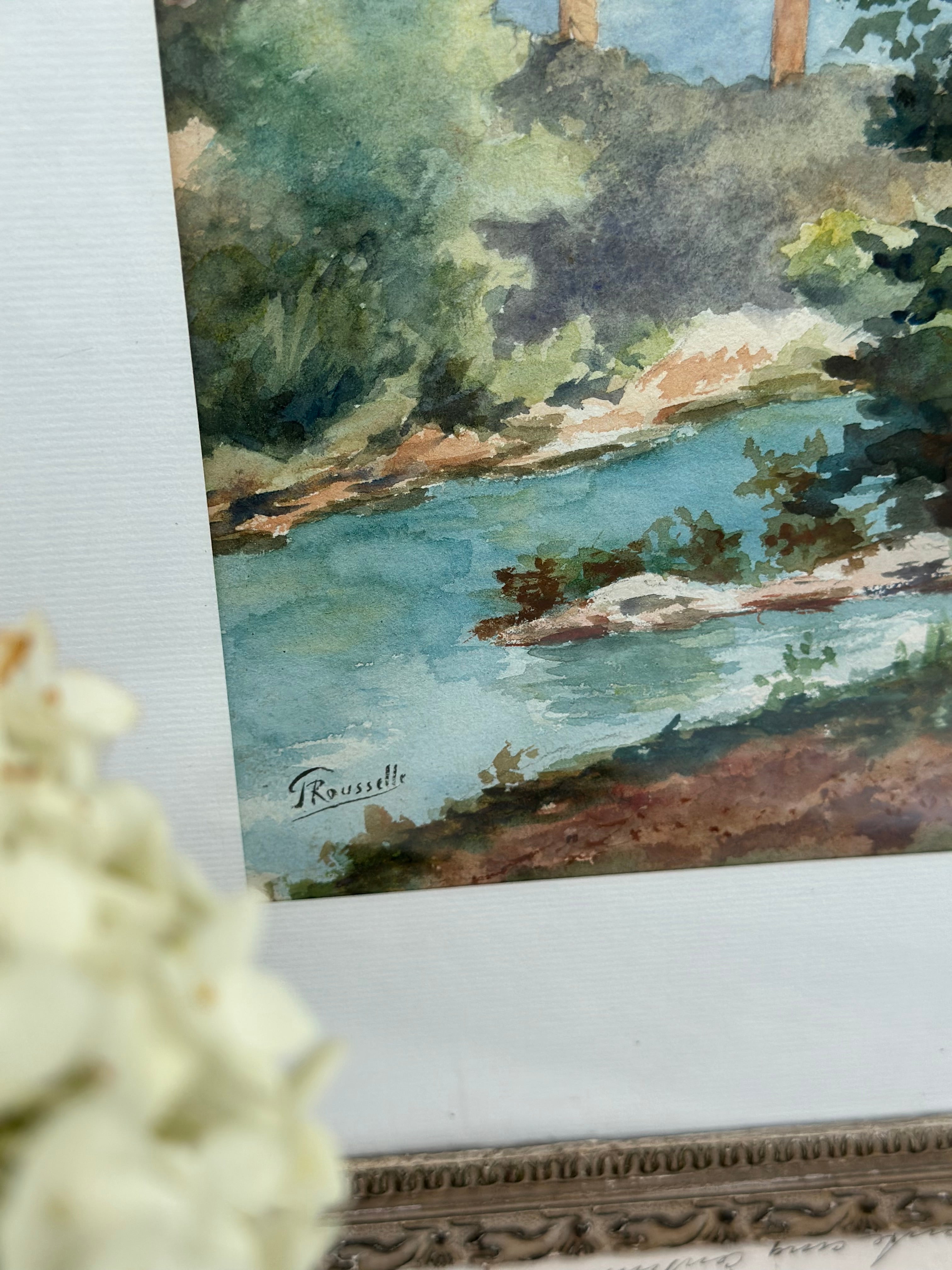 Sublime aquarelle encadrée, paysage avec un viaduc, signée