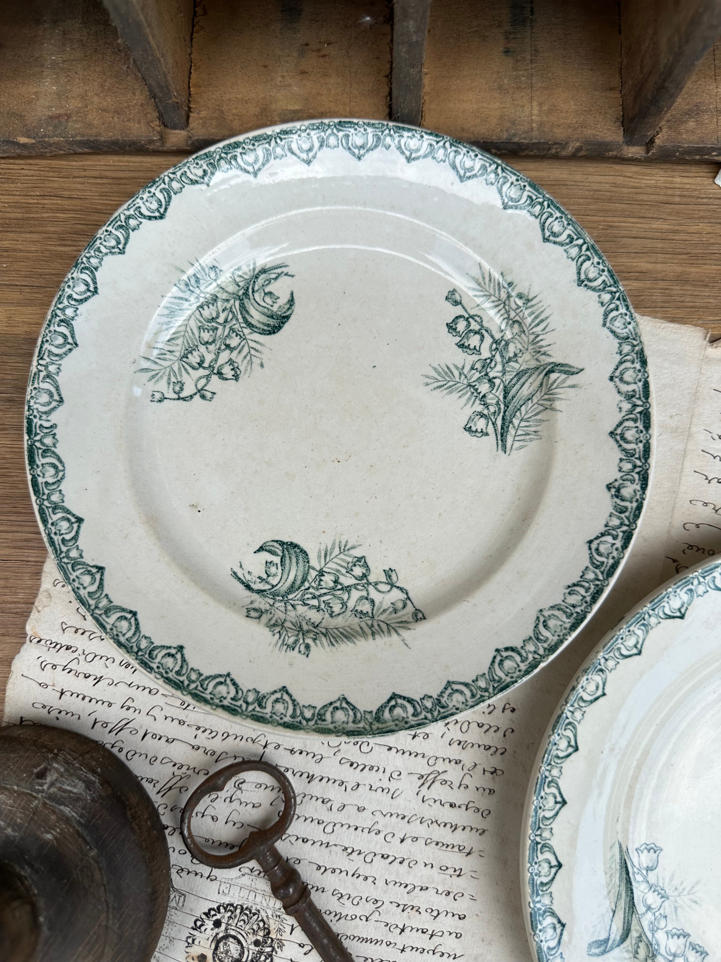 Set of 7 dessert plates, ironstone, St. Amand, Muguet pattern