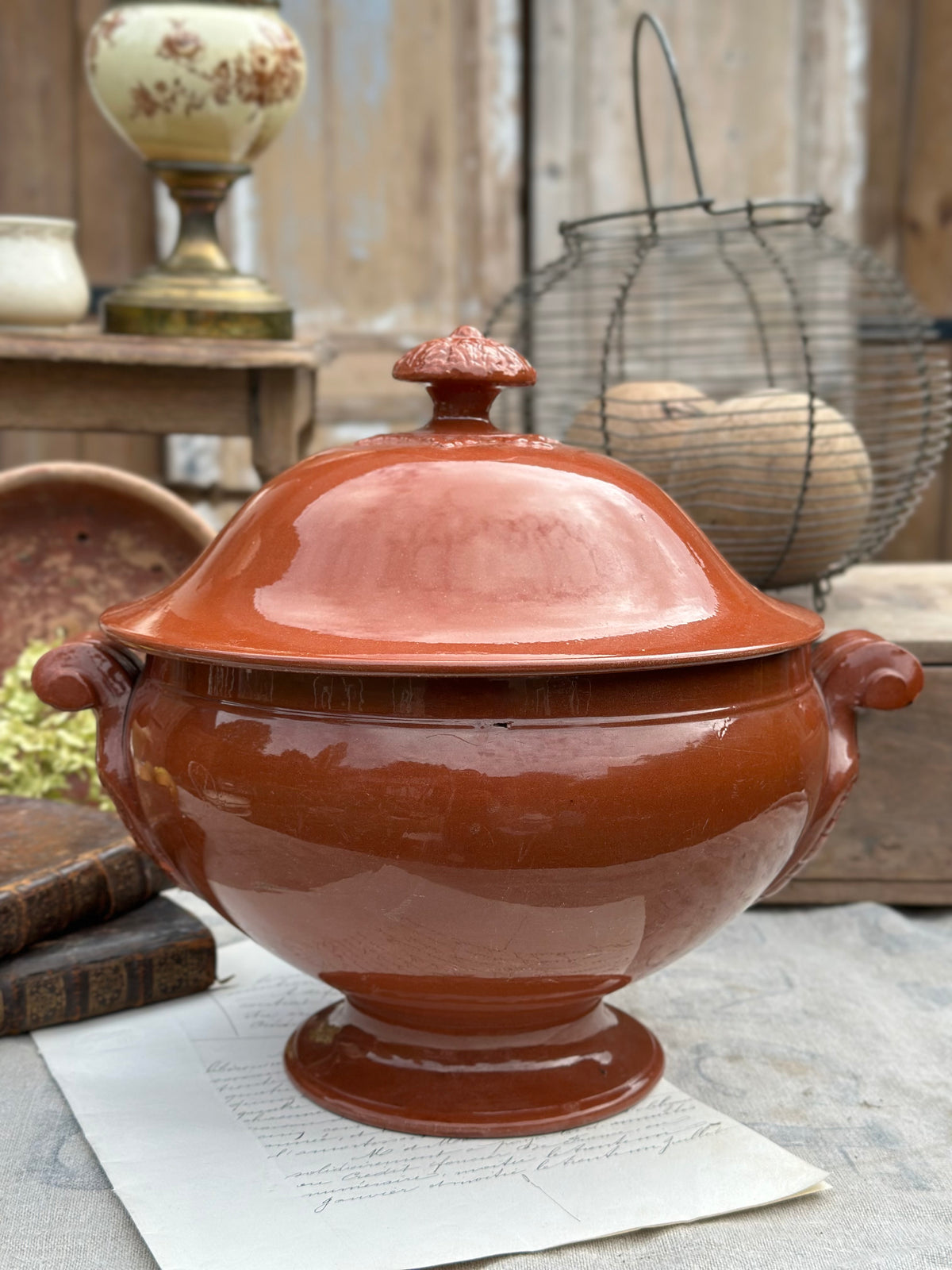 Rare grande soupière Sarreguemines glaçure carmélite