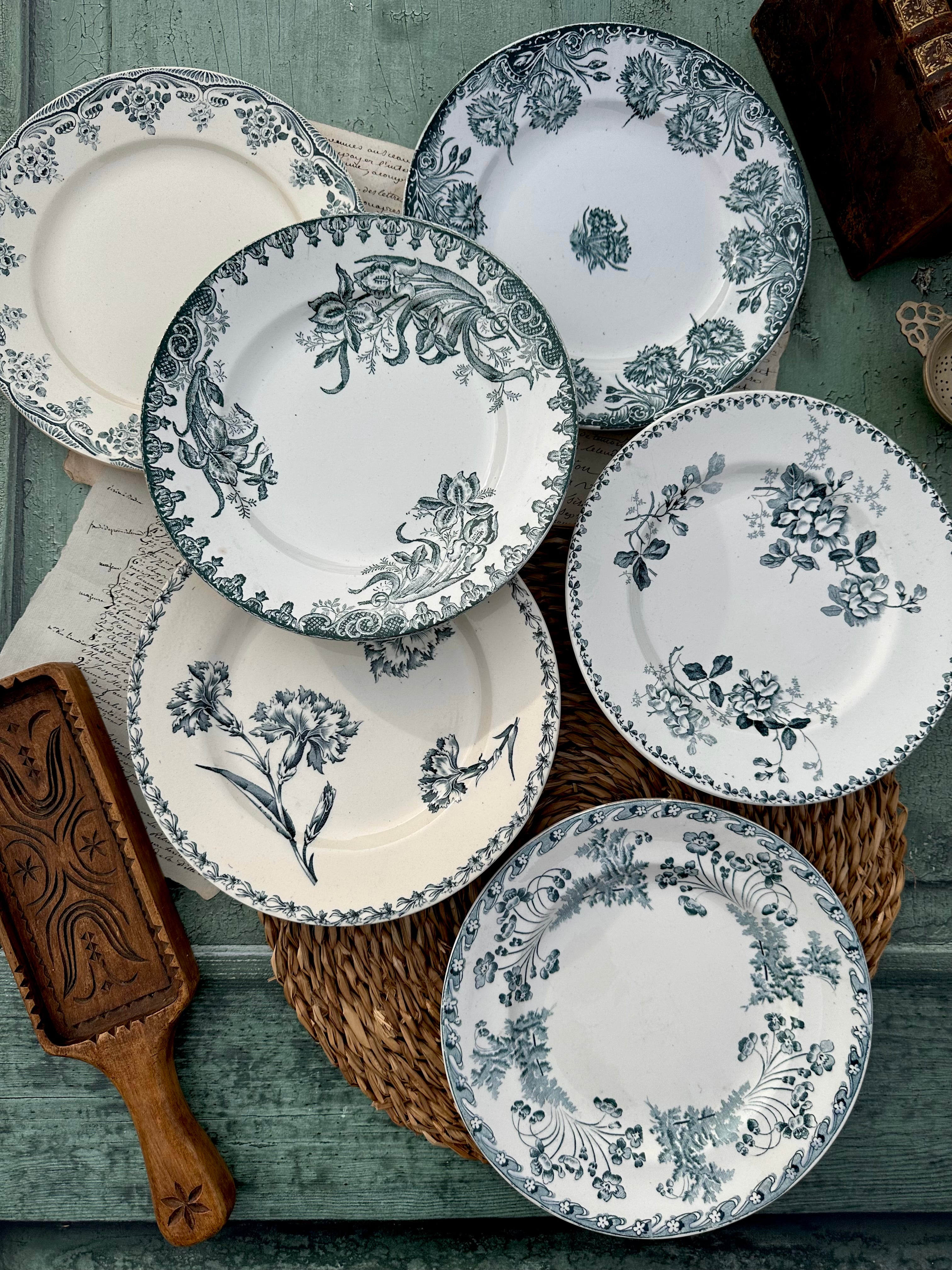 I. Set of 6 mismatched ironstone dinner plates