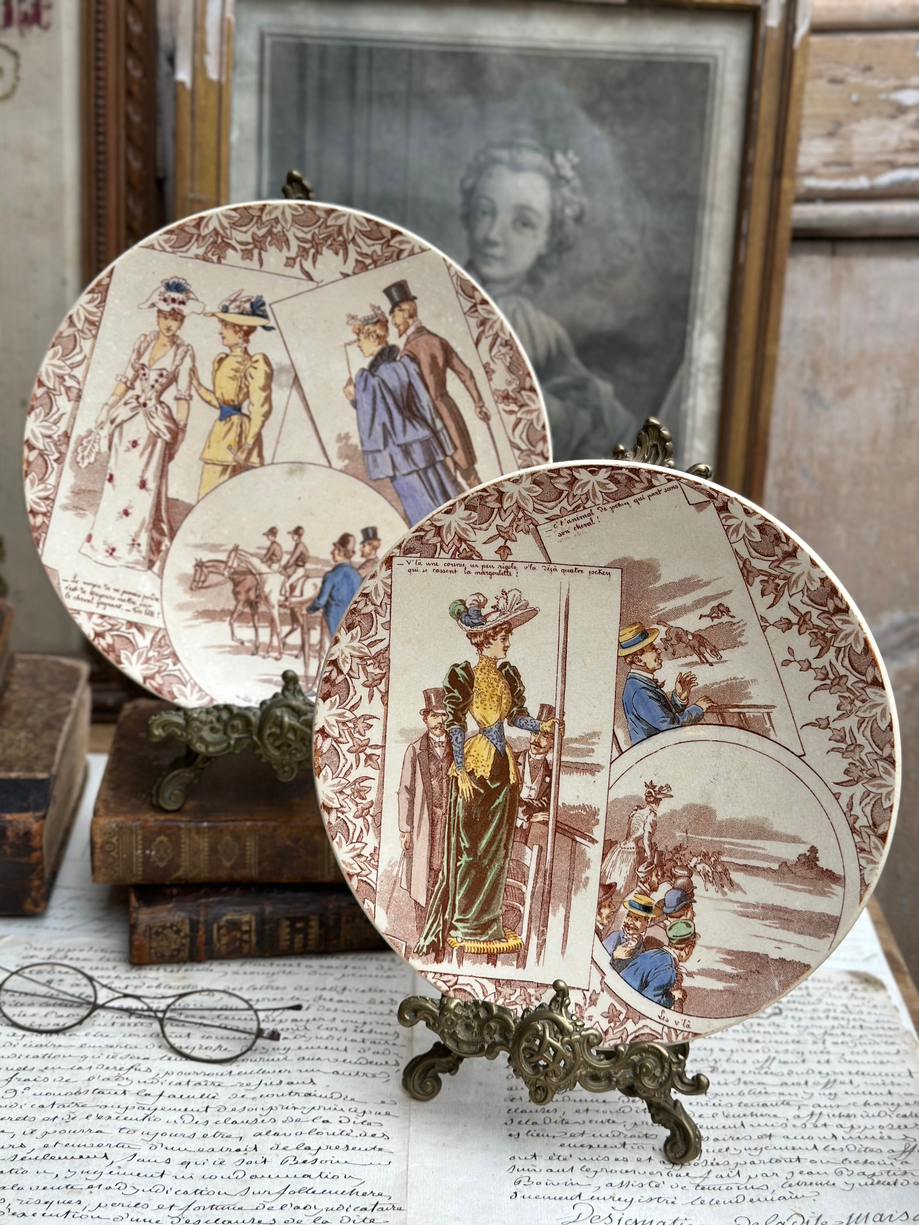 Paire d'assiettes parlantes polychromes Sarreguemines série Courses