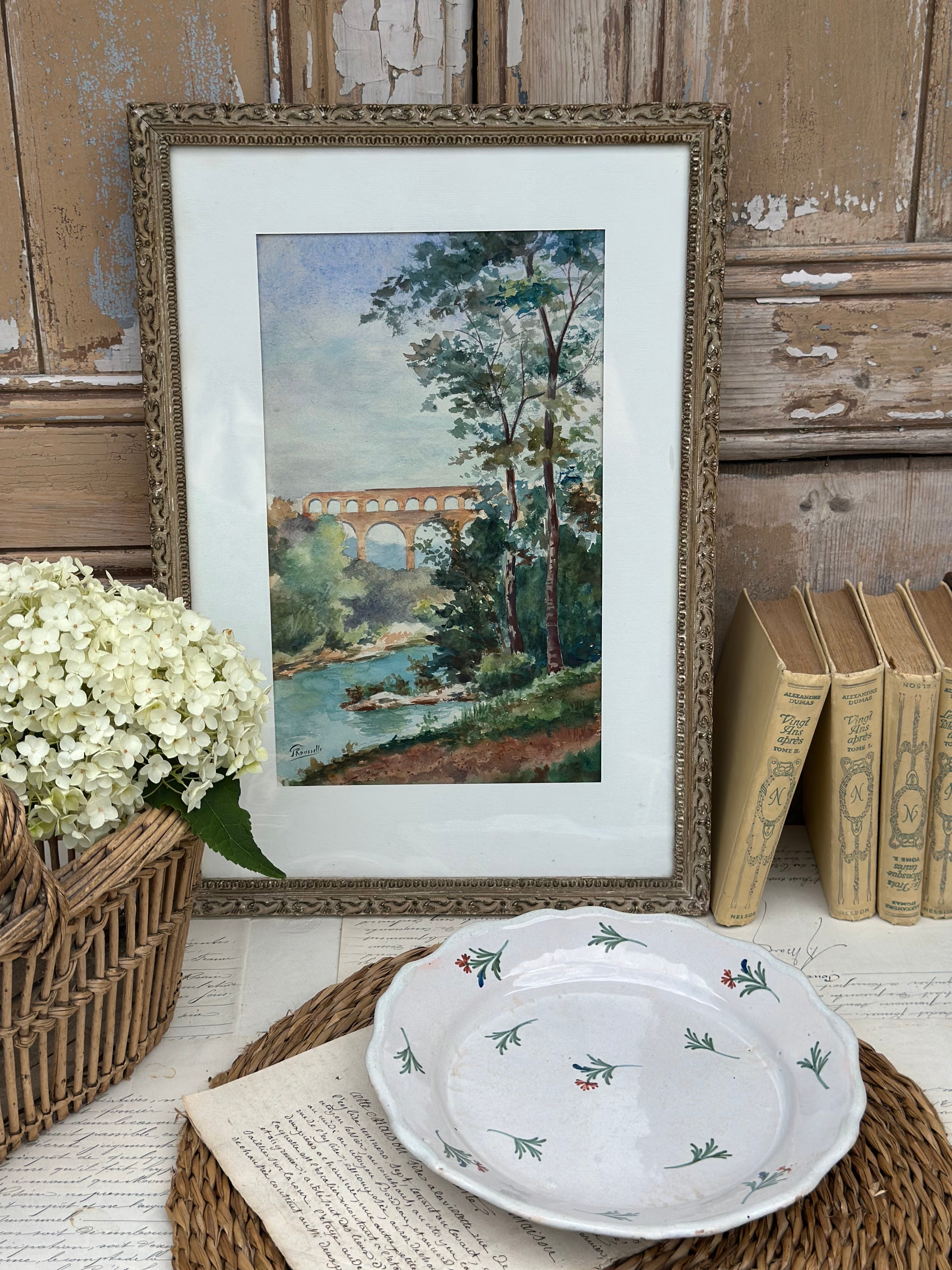 Sublime aquarelle encadrée, paysage avec un viaduc, signée