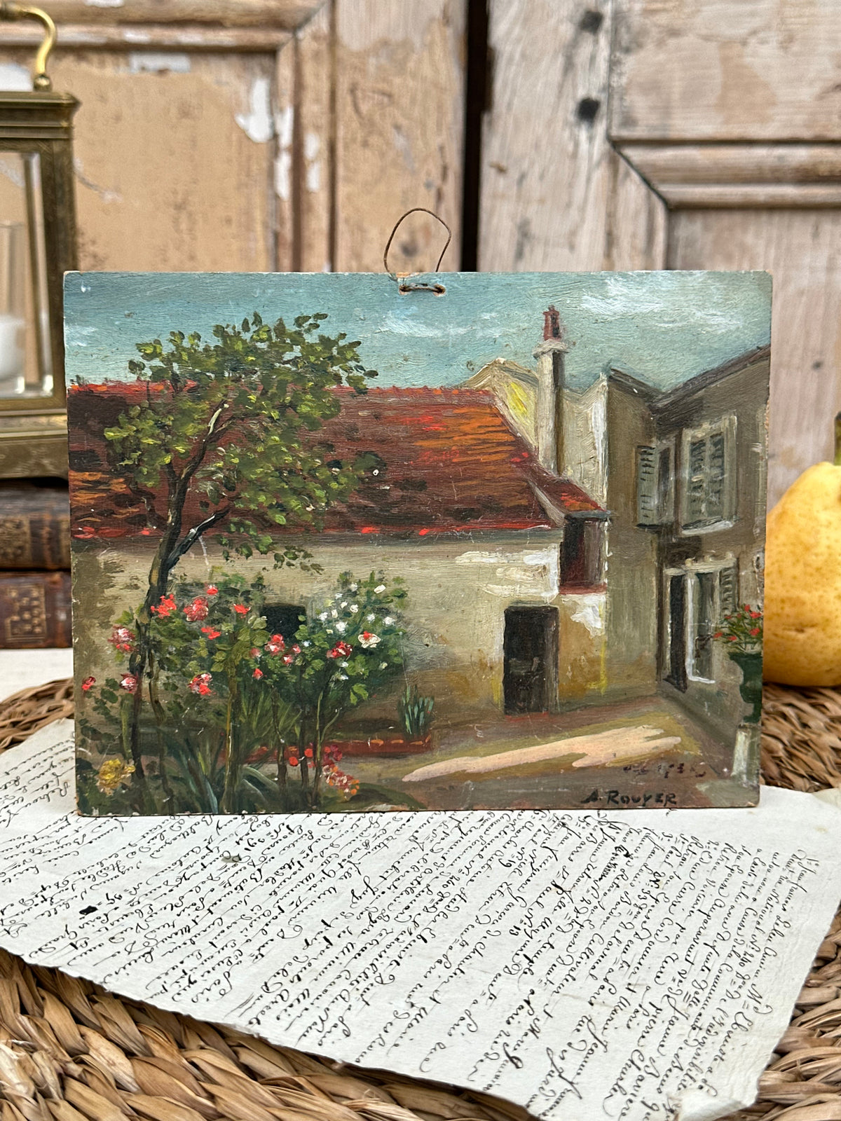 Adorable petite peinture à l'huile sur panneau