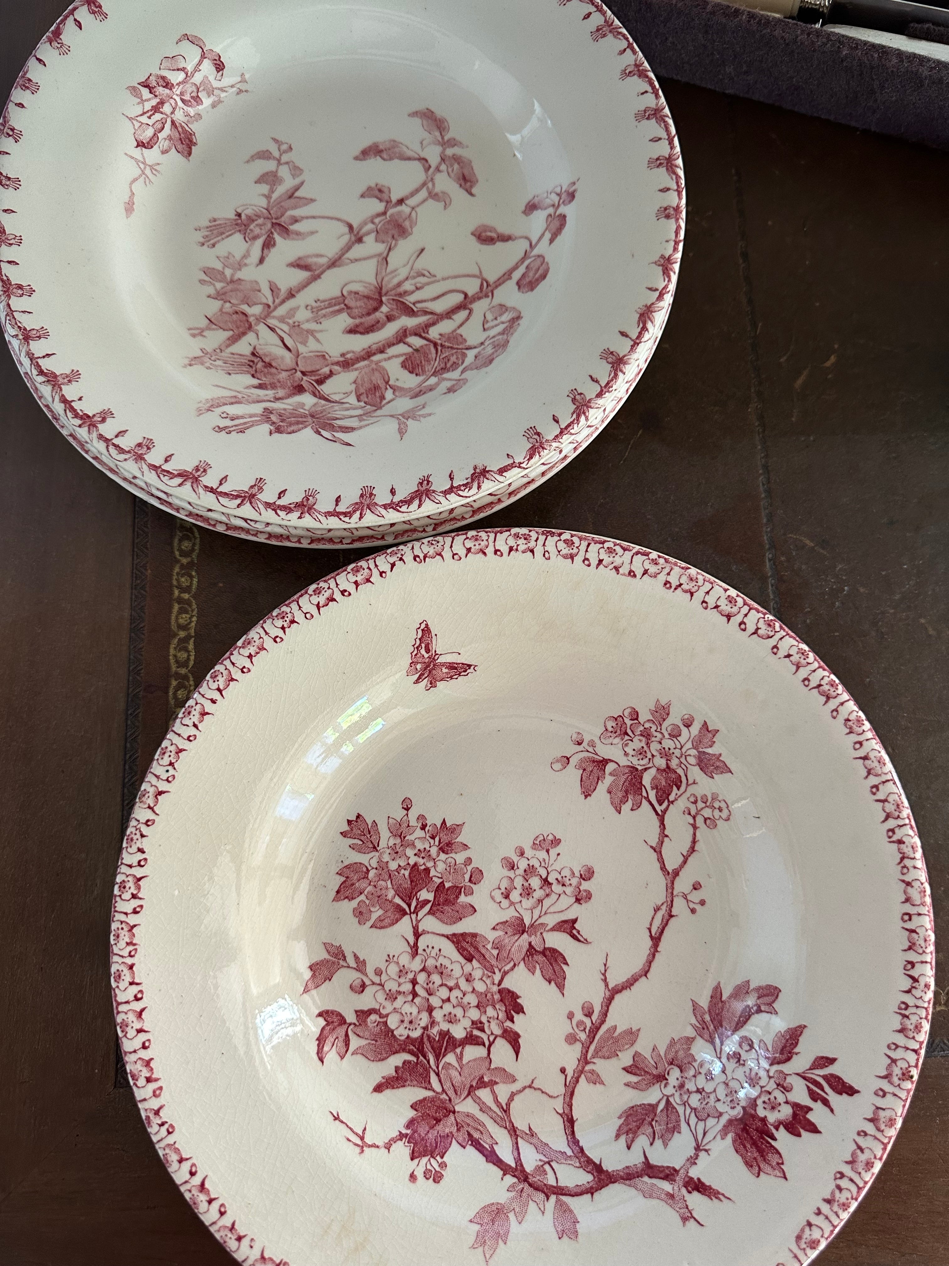 Suite de 12 assiettes creuses: 4 Gien Aubépine, 8 Gien Fuchsia