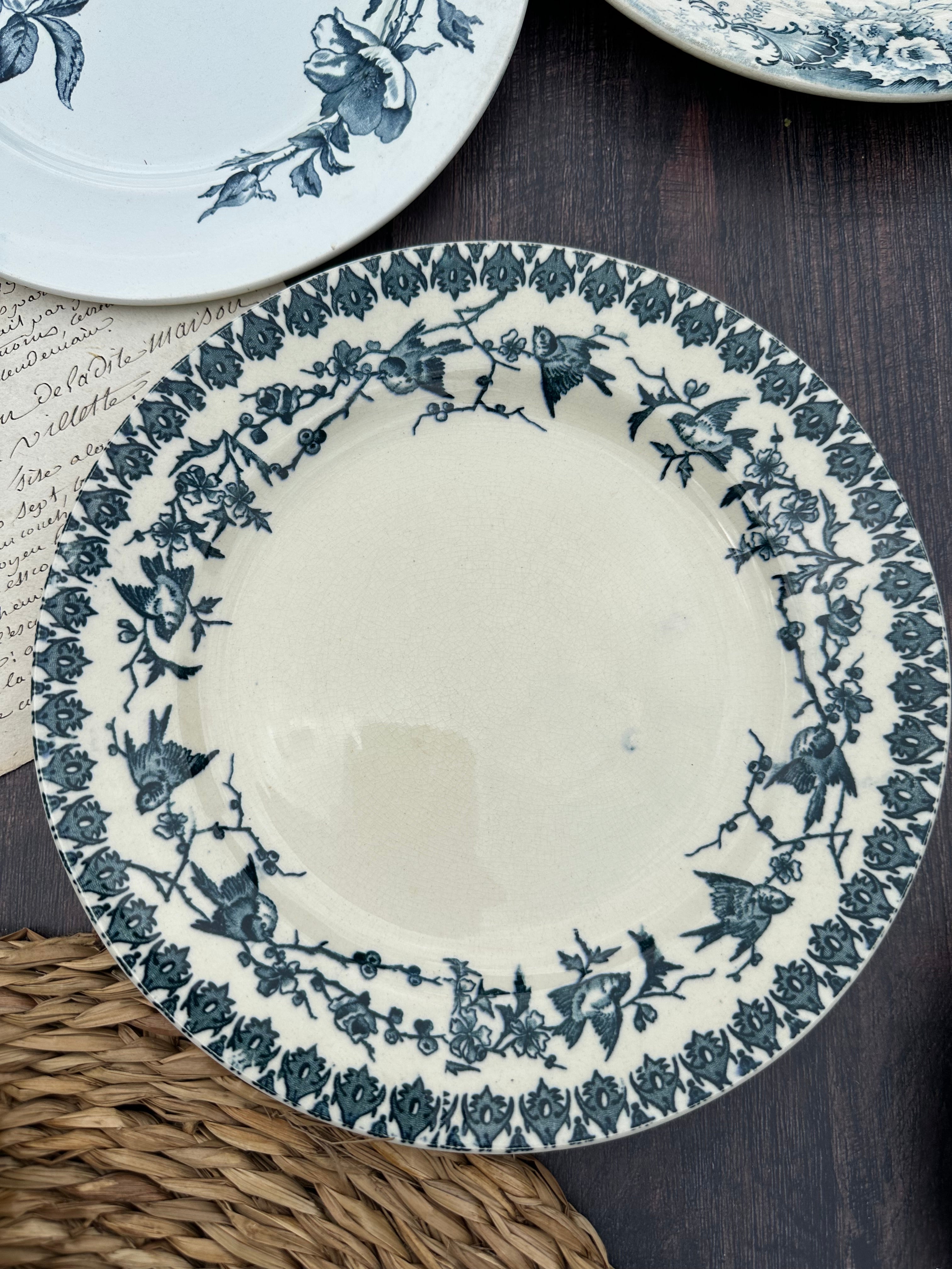 Set of 8 mismatched ironstone dinner plates