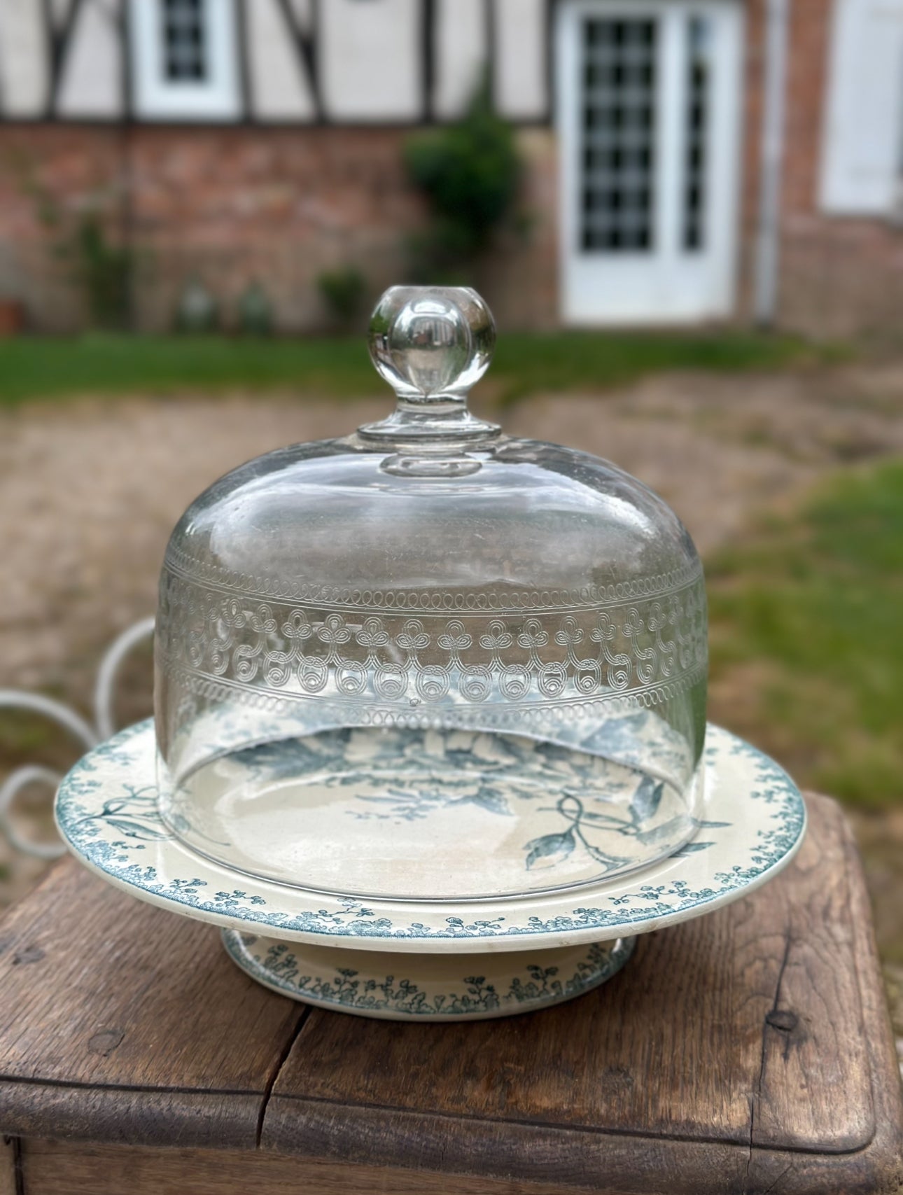 Glass cloche, engraved
