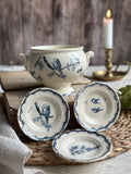 Tureen and 3 ironstone doll plates, bird motif