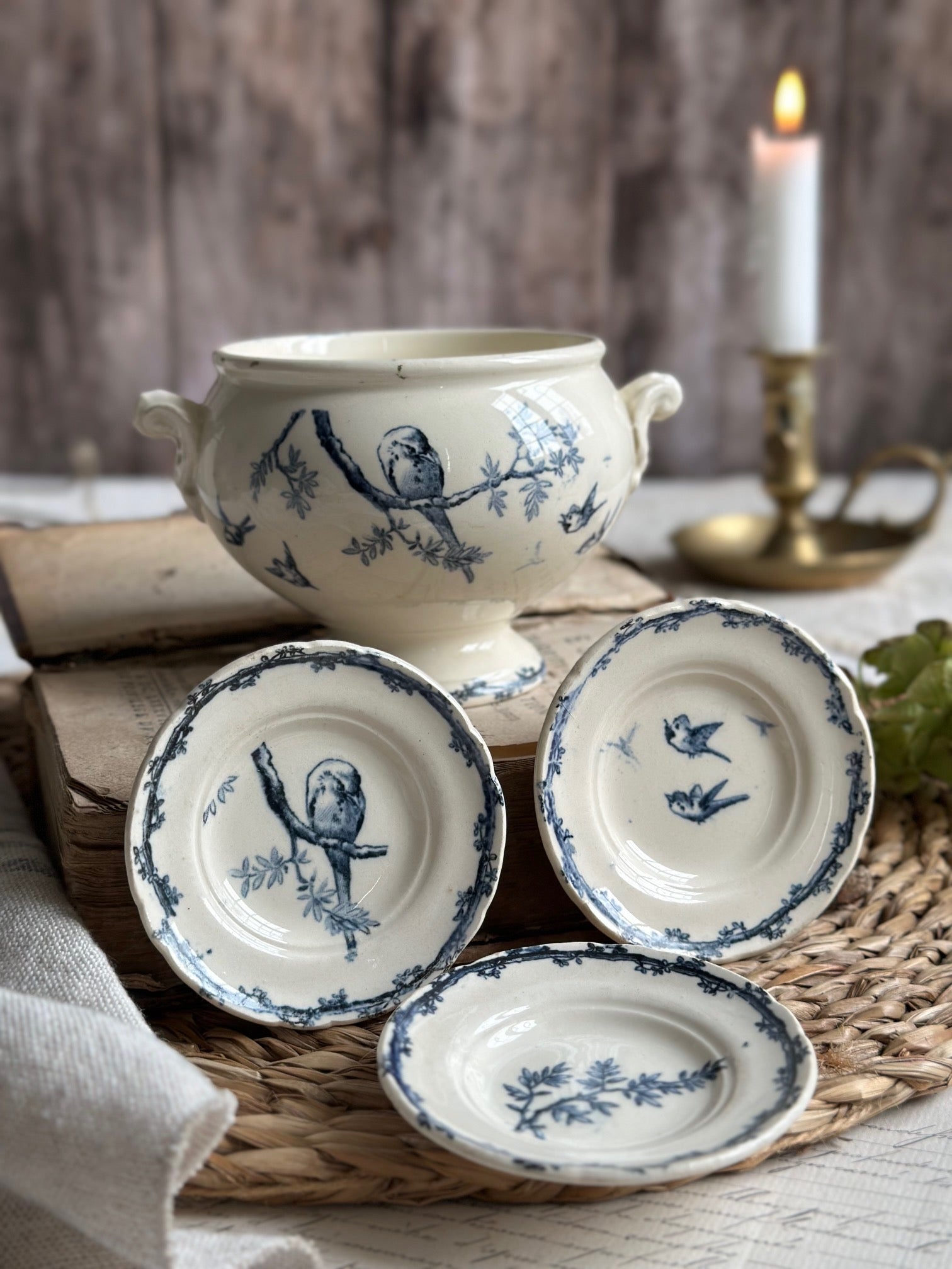 Tureen and 3 ironstone doll plates, bird motif