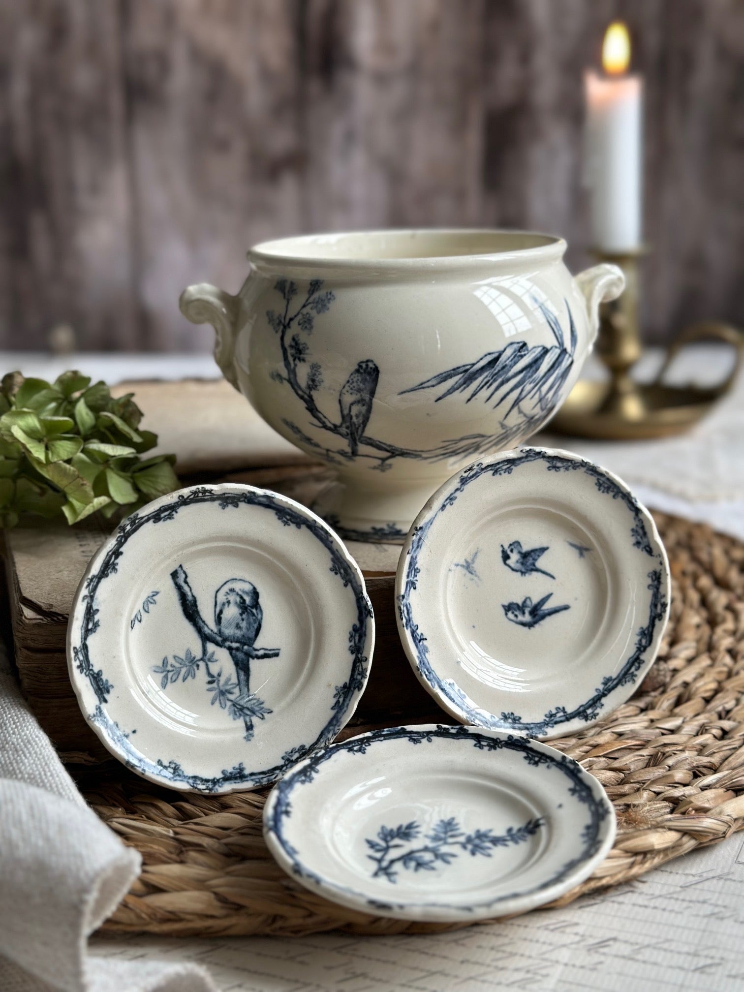 Tureen and 3 ironstone doll plates, bird motif