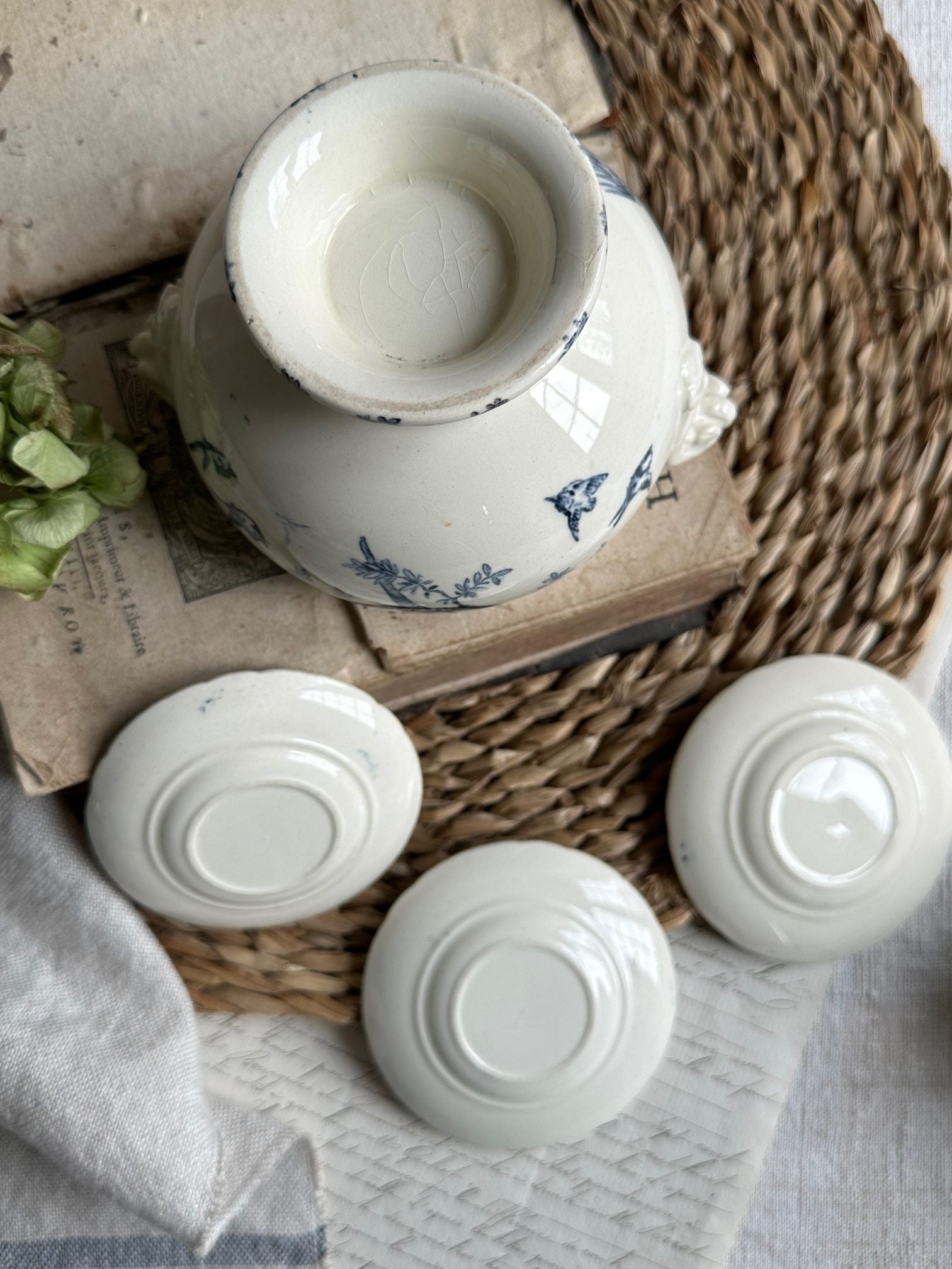 Tureen and 3 ironstone doll plates, bird motif