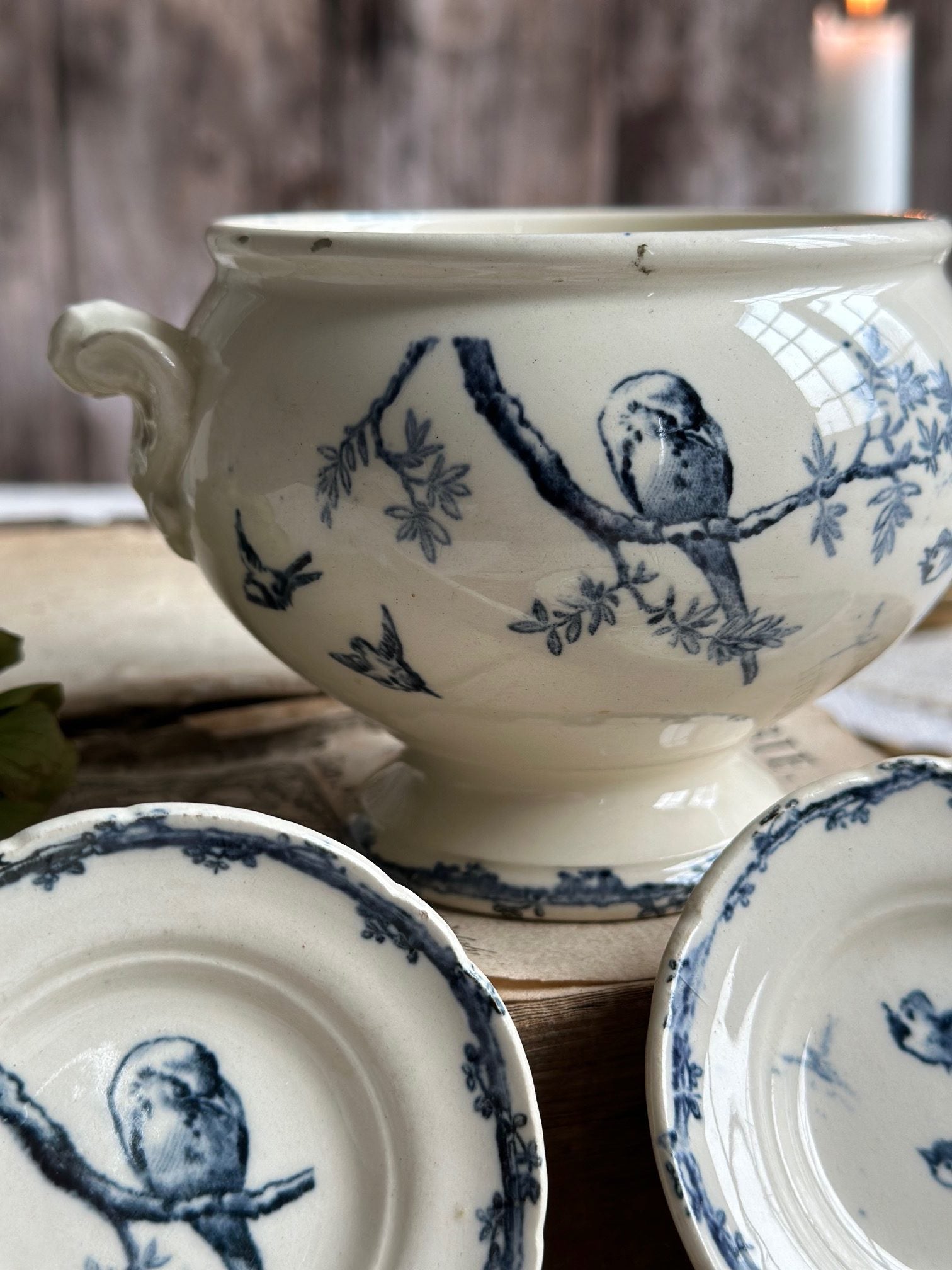 Tureen and 3 ironstone doll plates, bird motif
