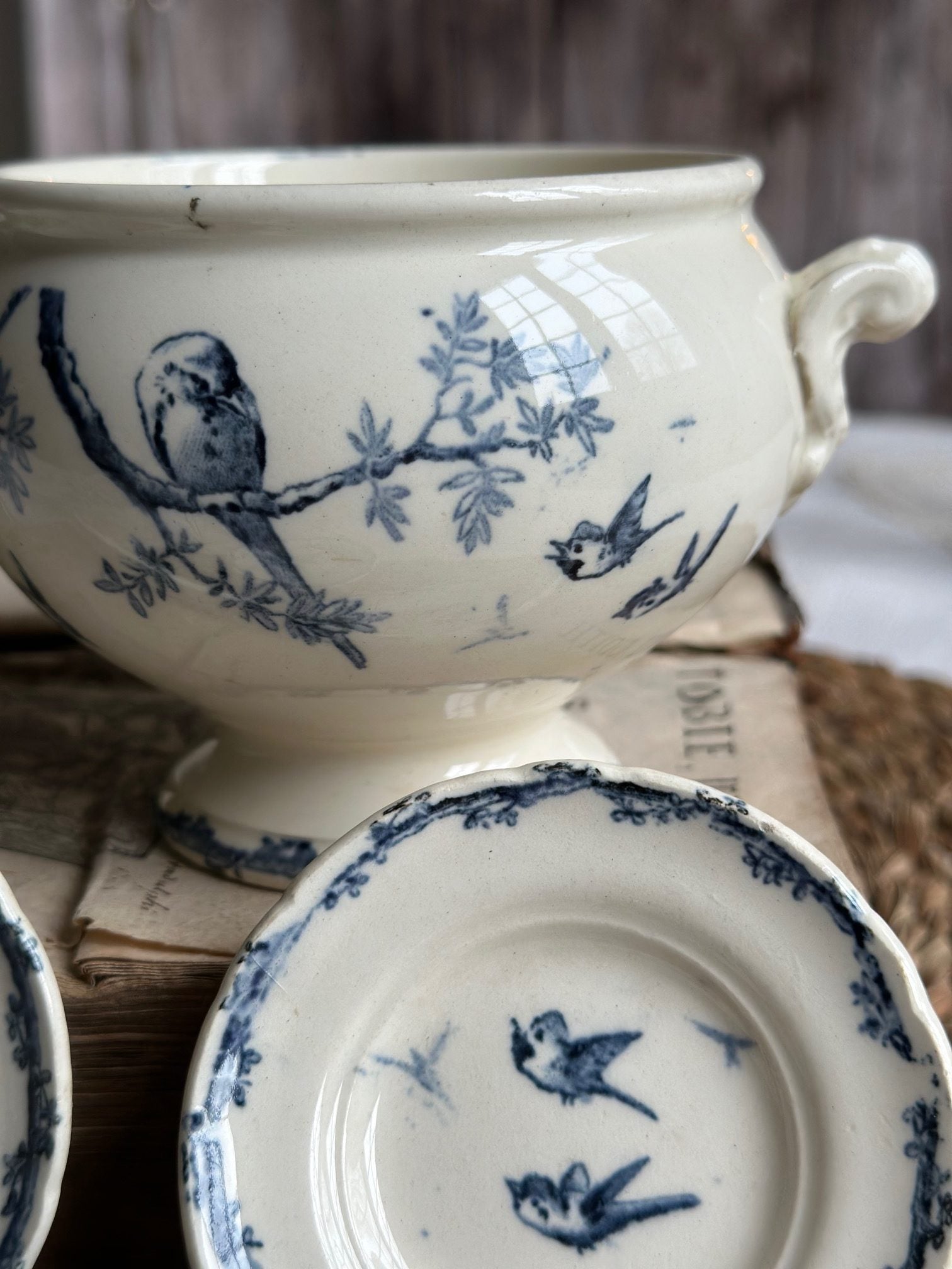 Tureen and 3 ironstone doll plates, bird motif