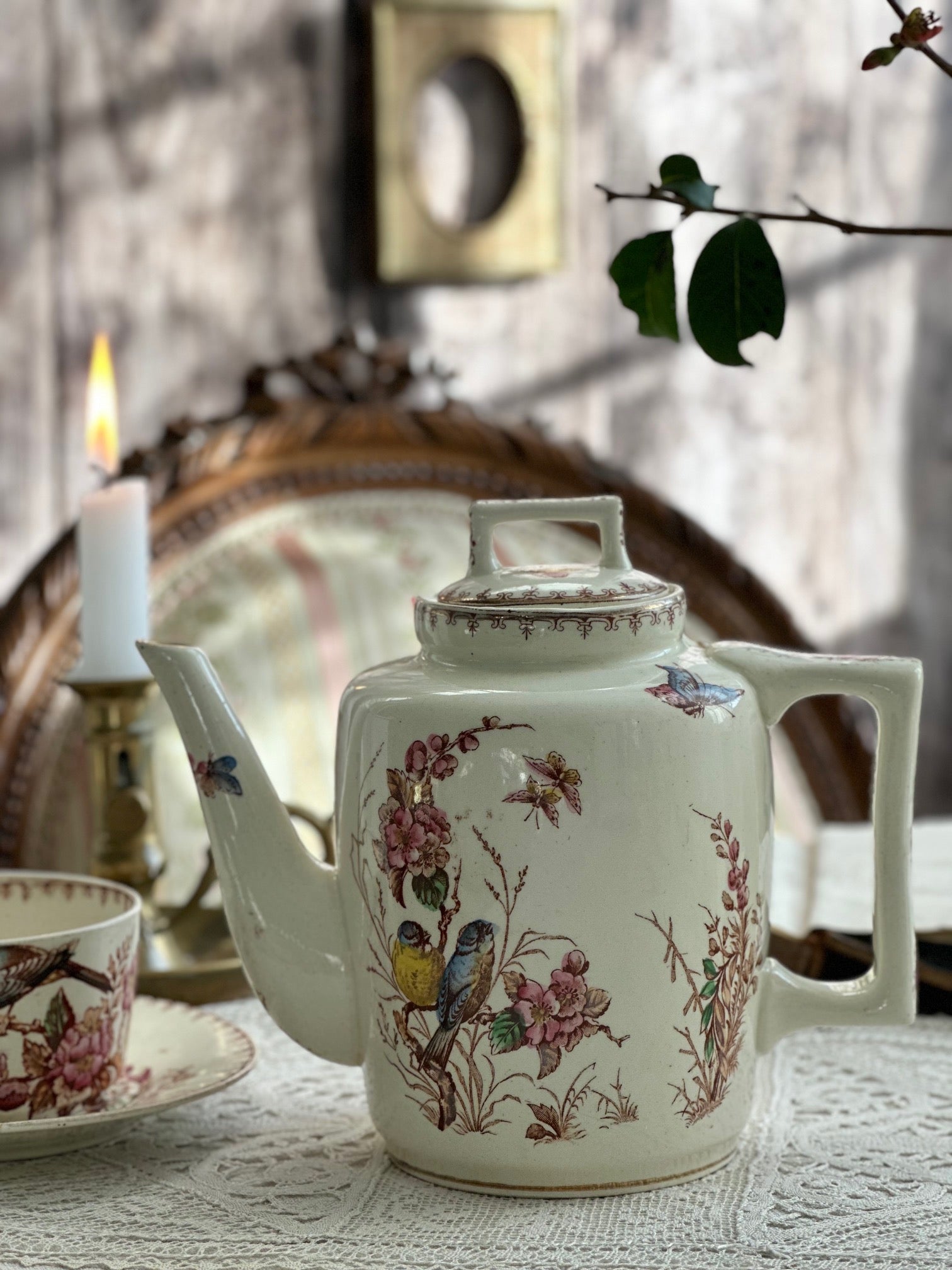 Exceptional polychrome ironstone teapot, Lunéville Mésange