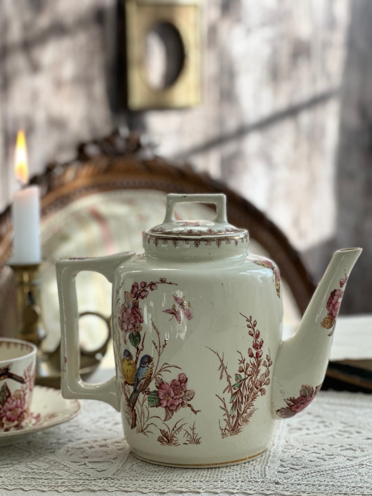 Exceptional polychrome ironstone teapot, Lunéville Mésange