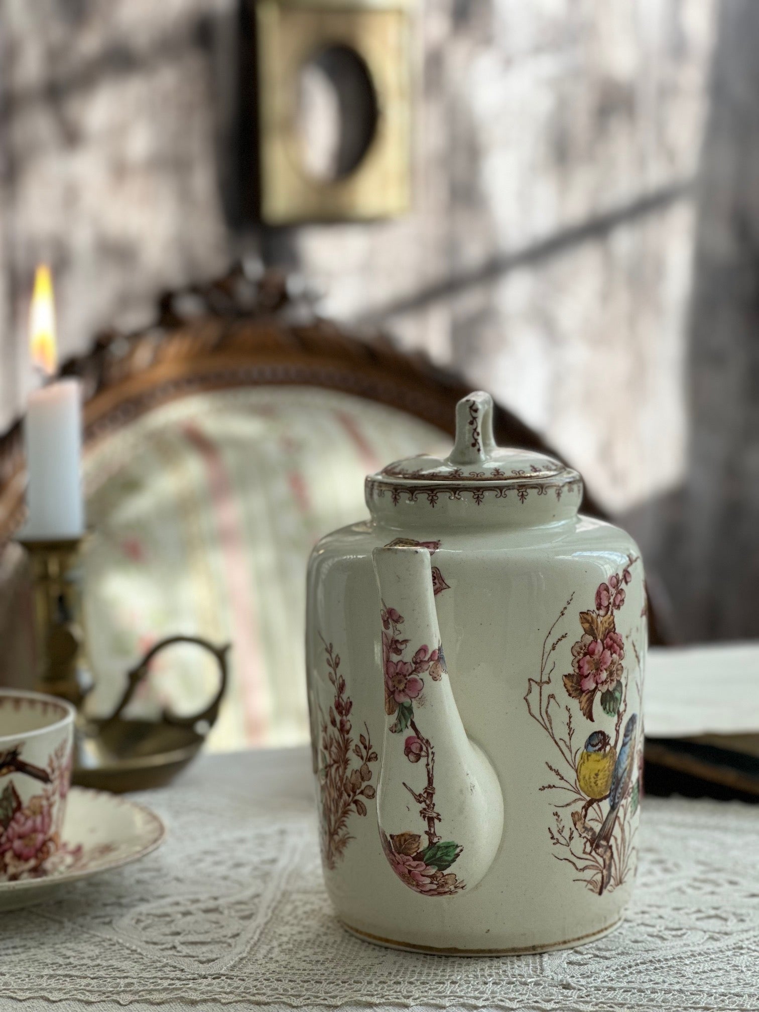 Exceptional polychrome ironstone teapot, Lunéville Mésange