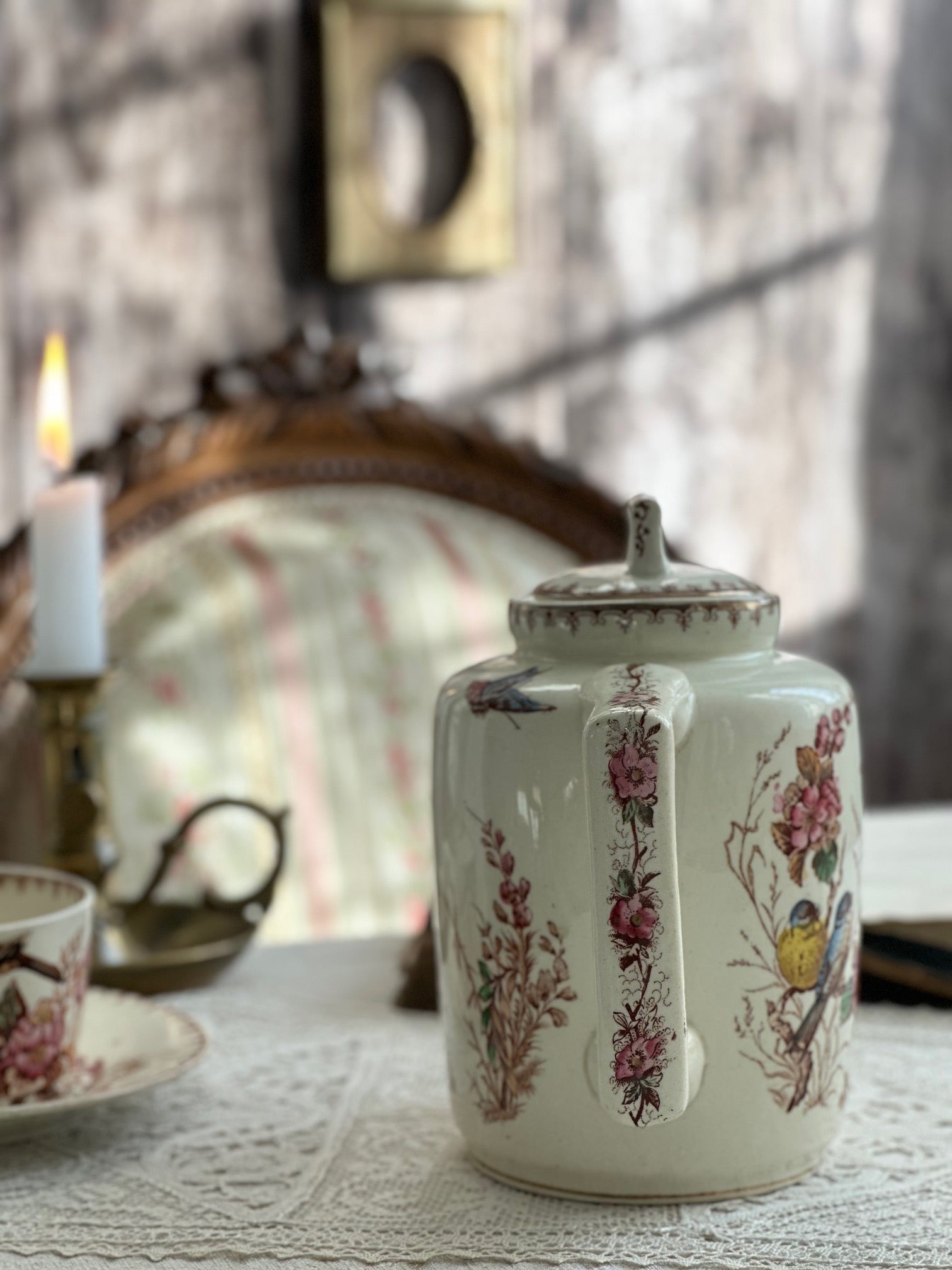 Exceptional polychrome ironstone teapot, Lunéville Mésange