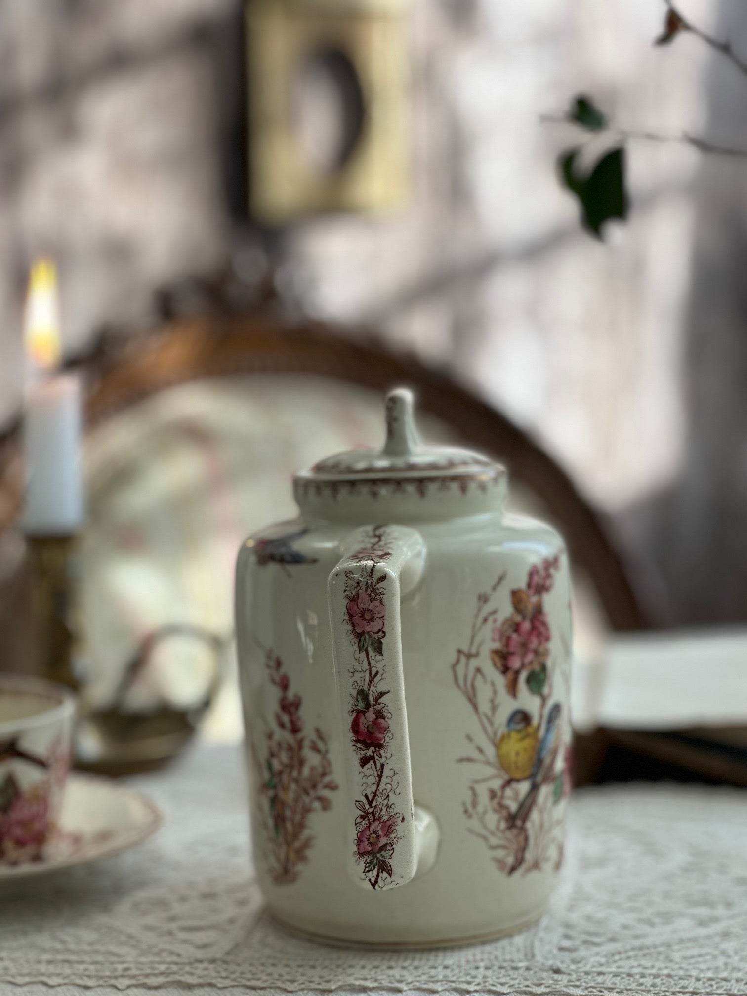 Exceptional polychrome ironstone teapot, Lunéville Mésange