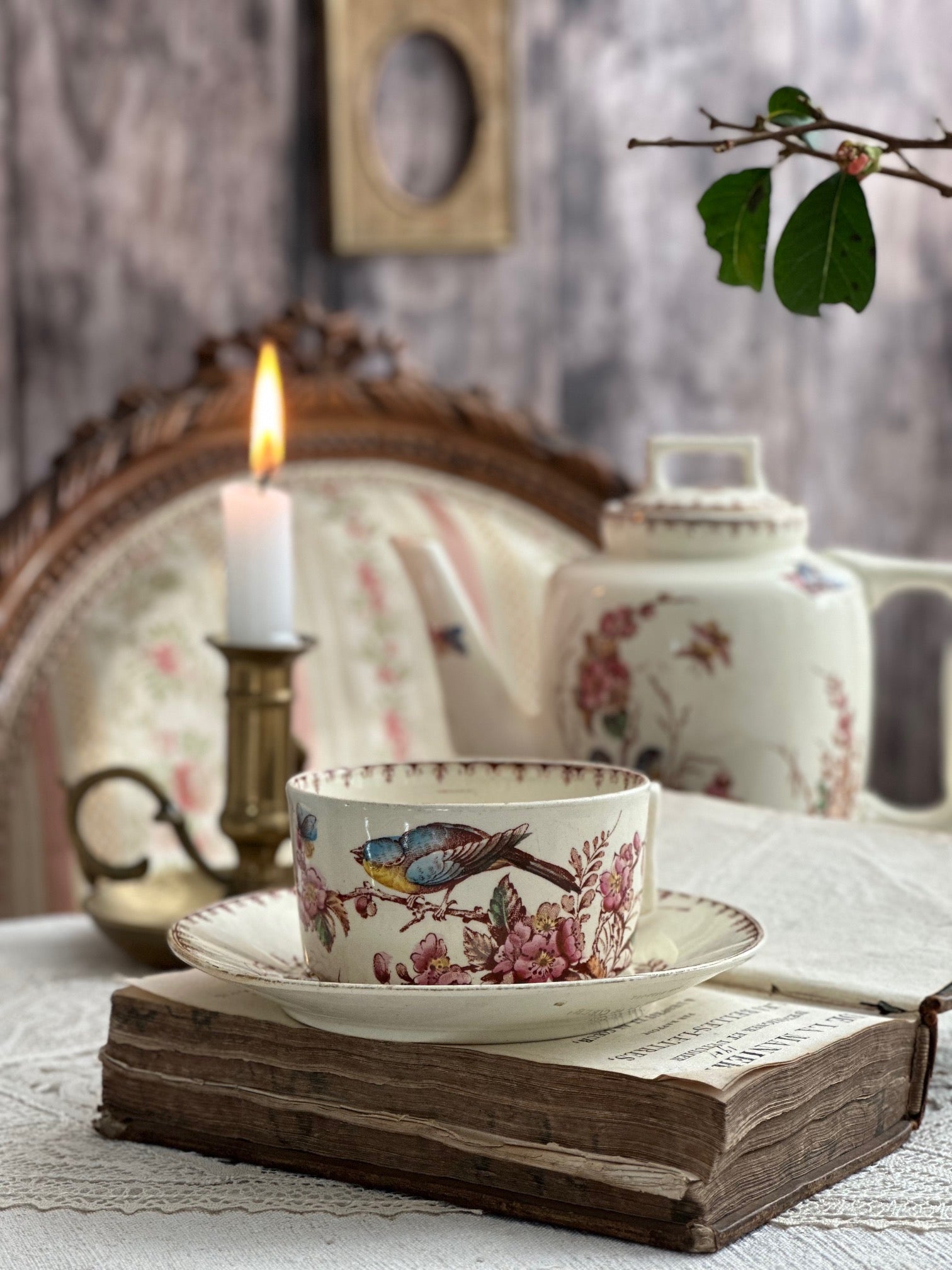 I. Polychrome ironstone teacup, Lunéville, Titmouse