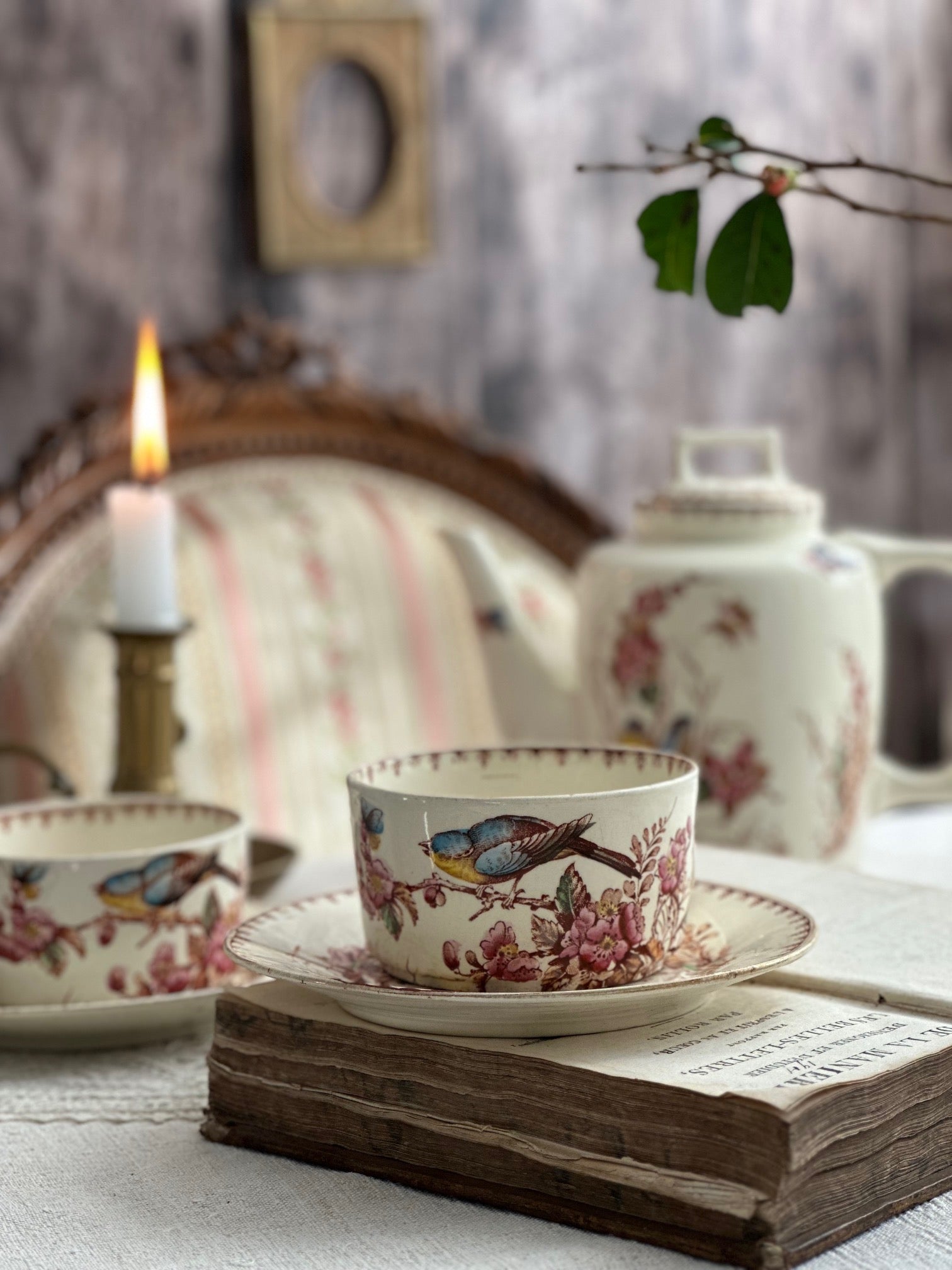 I. Polychrome ironstone teacup, Lunéville, Titmouse