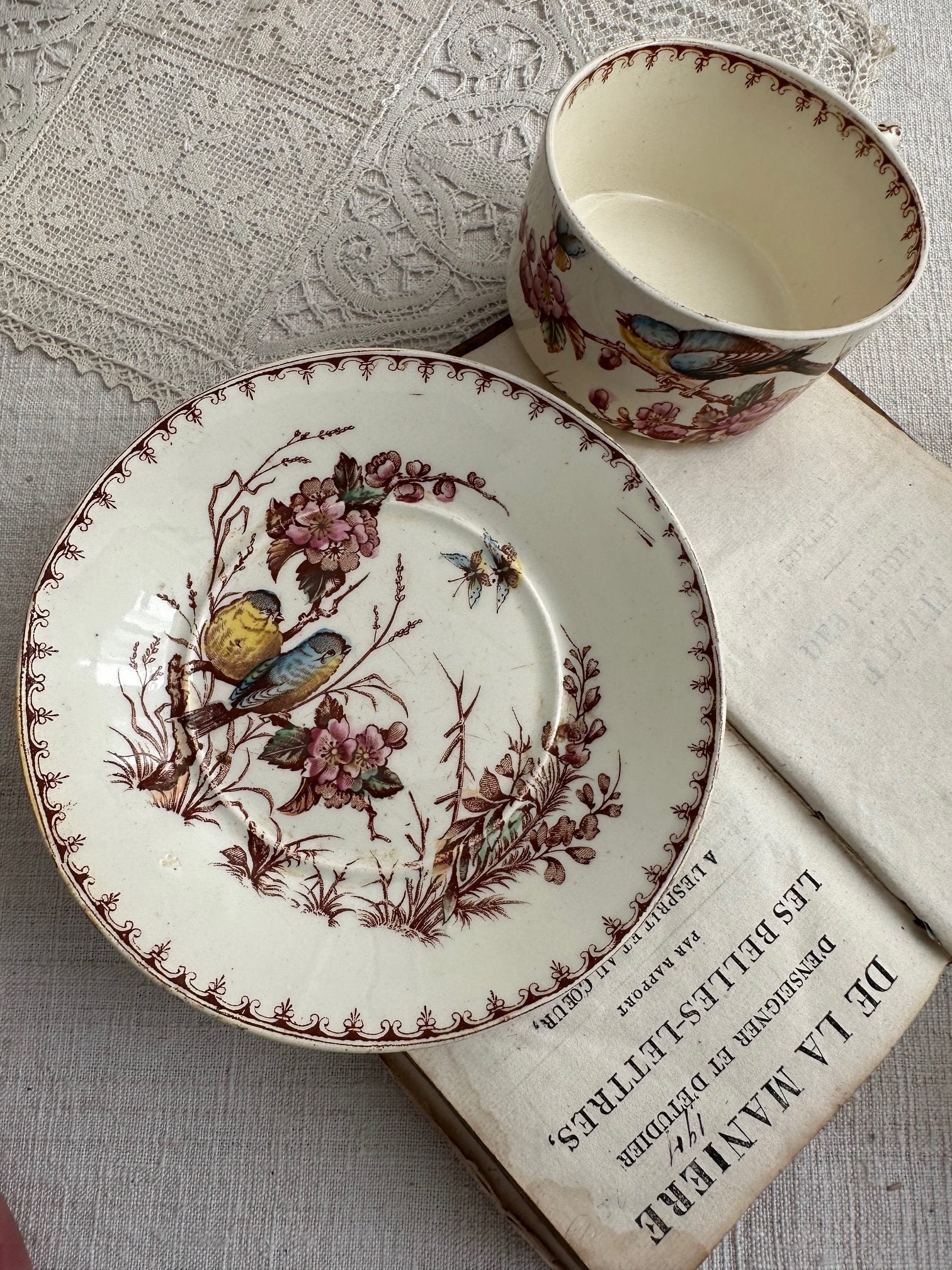 I. Polychrome ironstone teacup, Lunéville, Titmouse