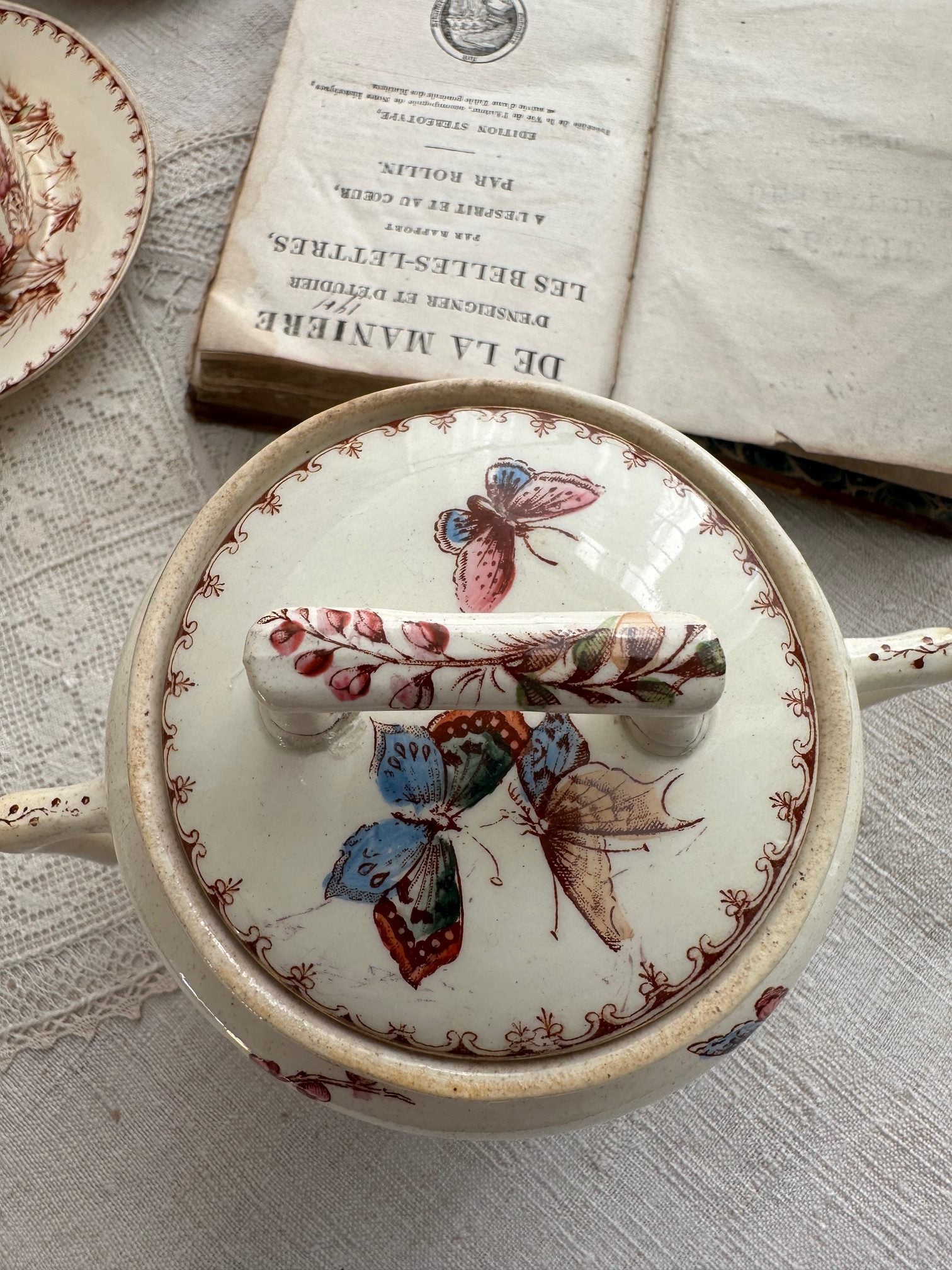 Grand sucrier  terre de fer polychrome Lunéville Mésange