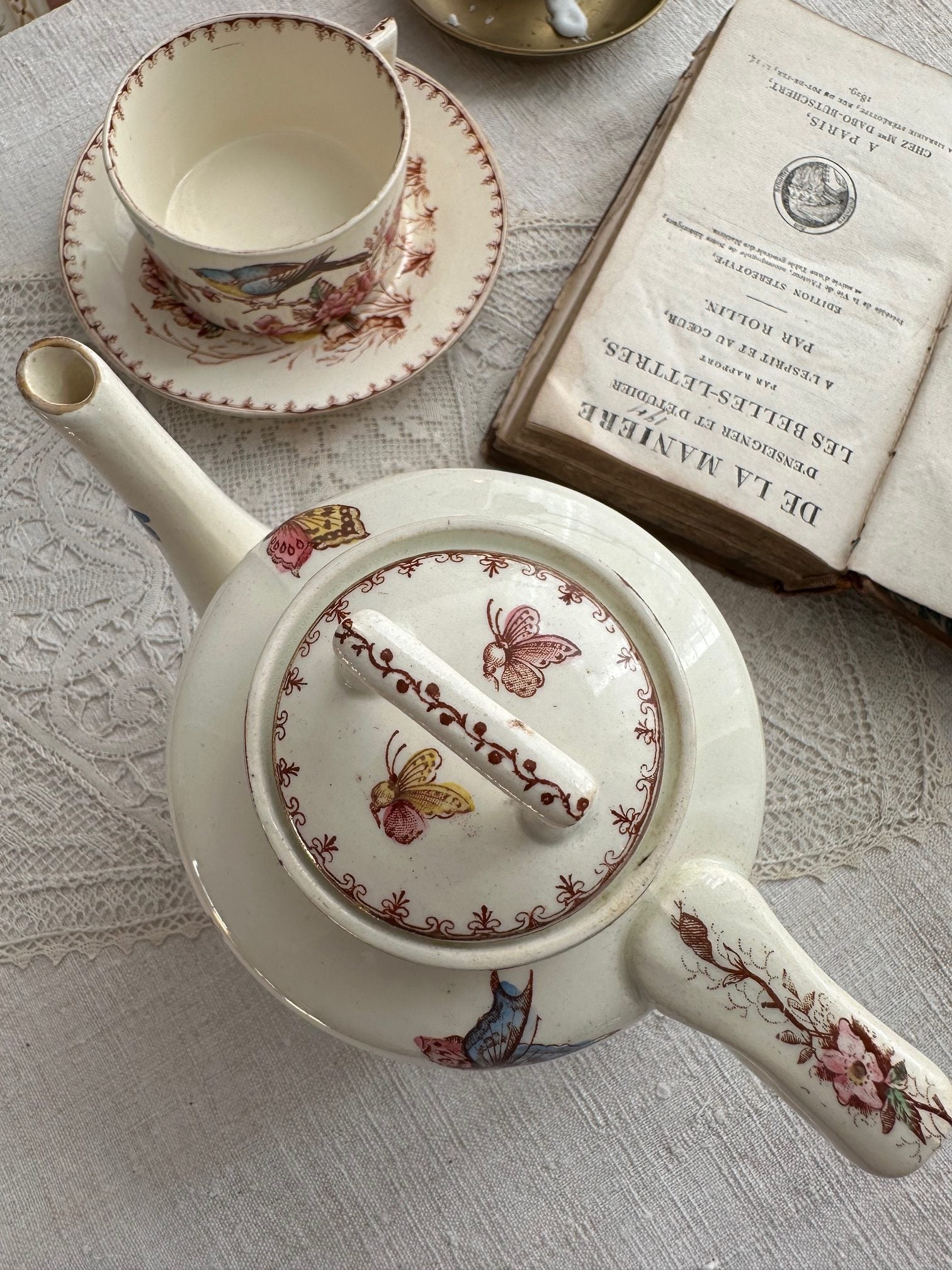 Exceptional polychrome ironstone teapot, Lunéville Mésange