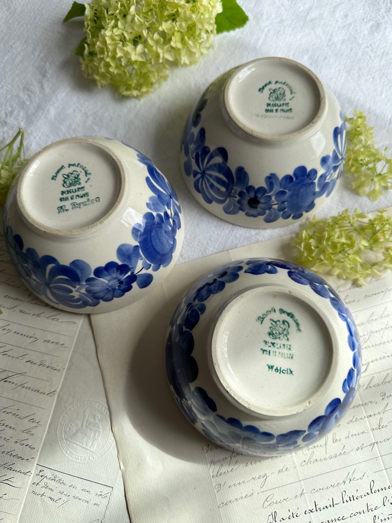 Ensemble de 3 bols bleus peints à la main, Włocławek