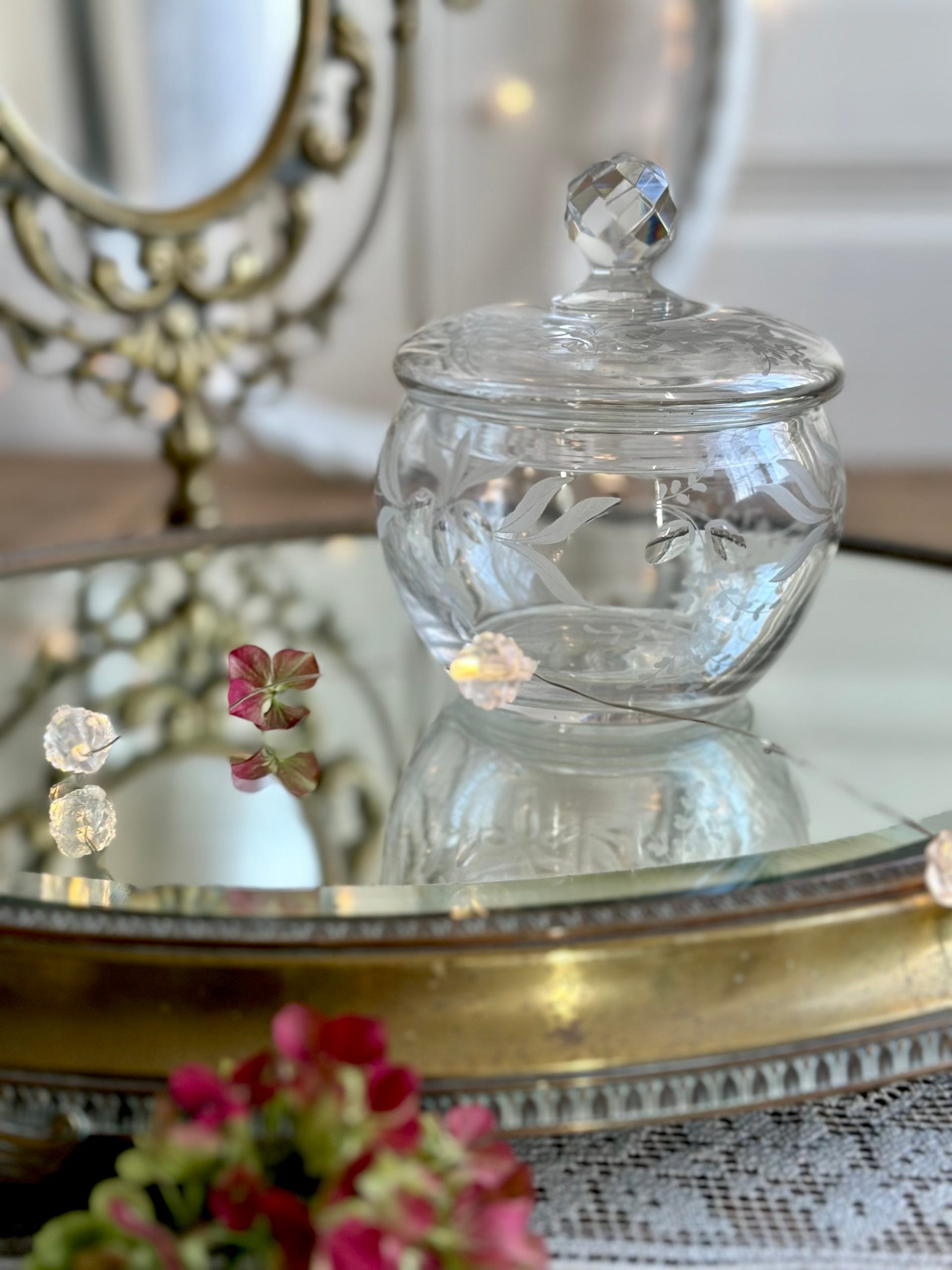 Delicate antique candy dish, engraved crystal sweets dish
